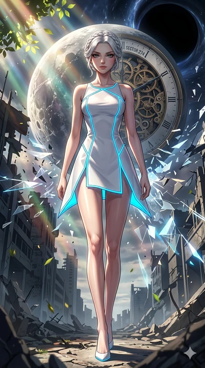 score_9, masterpiece, best quality, ultra-detailed, Set A: High-budget Anime Keyframe, Japanese woman. Low angle cowboy shot filling the entire 9:16 frame with her statuesque presence. Theme: Urban Decay. shattering the fabric of reality in the edge 