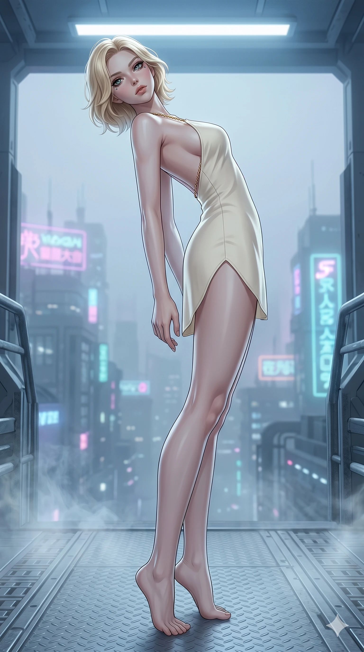 score_9, masterpiece, best quality, ultra-detailed, high-budget anime keyframe, editorial fashion photography, tasteful artistic composition, Caucasian woman, strictly human ears. low angle full-body shot from head to toe showing her feet, filling the entire 9:16 vertical frame with her statuesque presence, stretching her vertical silhouette. Arching her back in a graceful, controlled backward bend, creating a striking statuesque silhouette on a metal deck overlooking a futuristic city under a blanket of neon fog, with a soft holographic mist slowly rising from the floor. She has an absolutely perfect 8-heads proportion, an exceptionally tall and slender female figure with impossibly long slender legs and an ultra-slim waist. V-shaped jawline, high-bridge nose, intricate jewel-like eyes with depth, thick eyelashes, glossy lips with a natural sheen. wearing a minimalist cream-white halter dress with a single gold chain strap and an elevated side hemline. under cold white laboratory lights with soft blue fill lighting, creating a sterile yet beautiful mood. 2k, ultra detail, master piece, 9:16 ratio