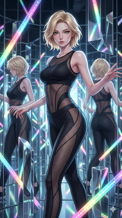 score_9, masterpiece, best quality, ultra-detailed, high-budget anime keyframe, Korean woman. upper body close-up from the thighs up, character filling the screen for maximum presence. navigating a kinetic light-sculpture mirror maze, passing between