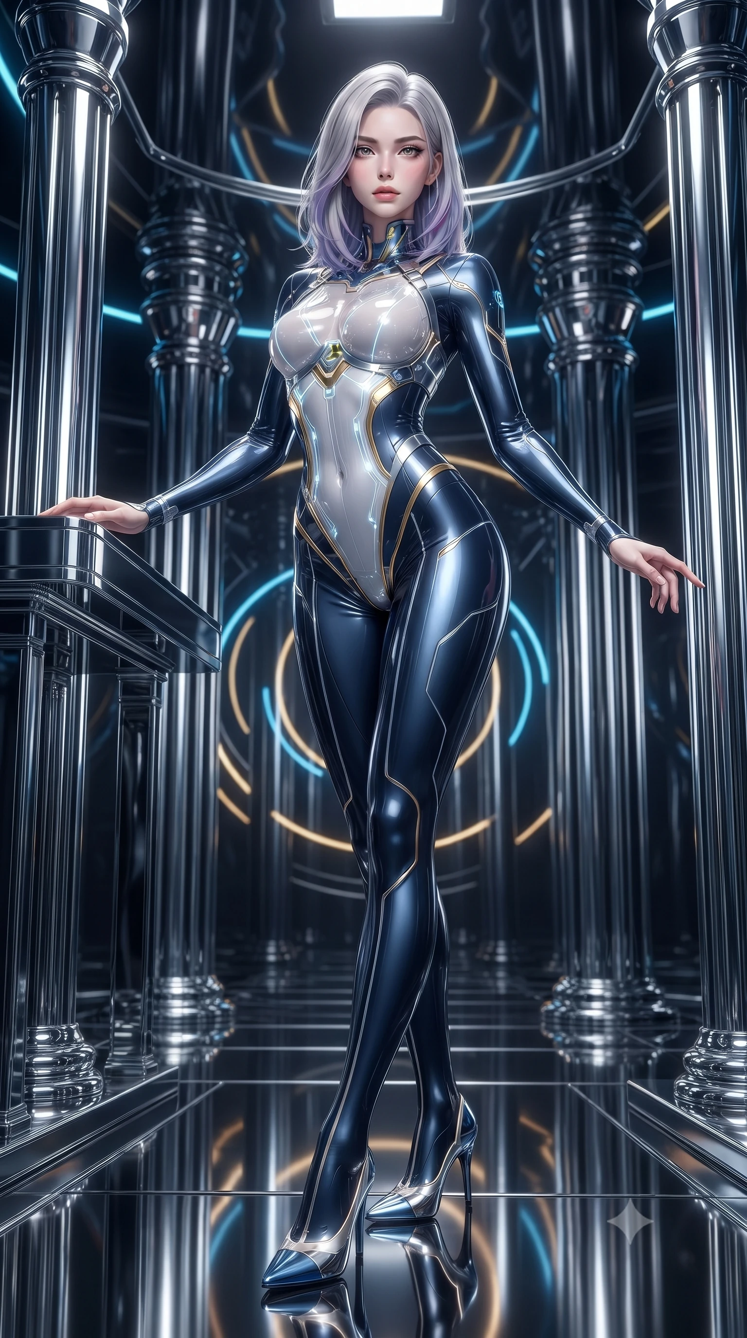 score_9, masterpiece, best quality, ultra-detailed, high-budget anime keyframe, editorial fashion photography, tasteful artistic composition, Caucasian woman. low angle full-body shot from head to toe showing her feet, filling the entire 9:16 vertical frame with her statuesque presence, stretching her vertical silhouette. pivoting dynamically in mid-motion with a breathtakingly alluring posture, displaying her flawless model proportions, toned flat midriff, and ultra-slim waist while resting one hand along a mirror-finished chrome altar with a serene, sovereign gaze looking directly into the lens. The surrounding environment is rendered in vivid detail and crisp panoramic clarity. intricate chrome pillar reflections, razor-sharp neon halo filaments, and polished mirror floor in deep focus. She has an absolutely perfect, statuesque 8.5-heads proportion, an exceptionally tall and slender model-like female figure with impossibly long slender legs, a toned flat midriff, and an ultra-slim waist. sharp v-shaped jawline, high-bridge nose, intricate jewel-like eyes with depth, thick eyelashes, glossy lips with a natural sheen, flawlessly proportioned anatomical accuracy, strict slender model proportions, natural body alignment, perfectly sculpted long slender limbs, ultra-slim waistline, clean dynamic posture without body distortion. wearing a statuesque midnight cobalt and polished platinum bodysuit featuring sleek aerodynamic contour lines and glowing circuit accents in pristine liquid pearl white and radiant solar gold trim, tailored from semi-translucent cybernetic vinyl with glowing micro-filaments, reinforced by a sleek metallic chrome harness and delicate glowing micro-straps, the glove-like aerodynamic second-skin fit tightly clinging to her ultra-slender waist and athletic curves without adding bulk, accentuating her razor-sharp statuesque lines and slim hourglass silhouette. illuminated by crisp white key light and sharp specular rim highlights tracing her slender curves. ultra-reflective glossy finish, specular highlights, dark metallic sheen, high-contrast stereoscopic depth, volumetric dynamic lighting, 2k, ultra detail, master piece, 9:16 ratio
