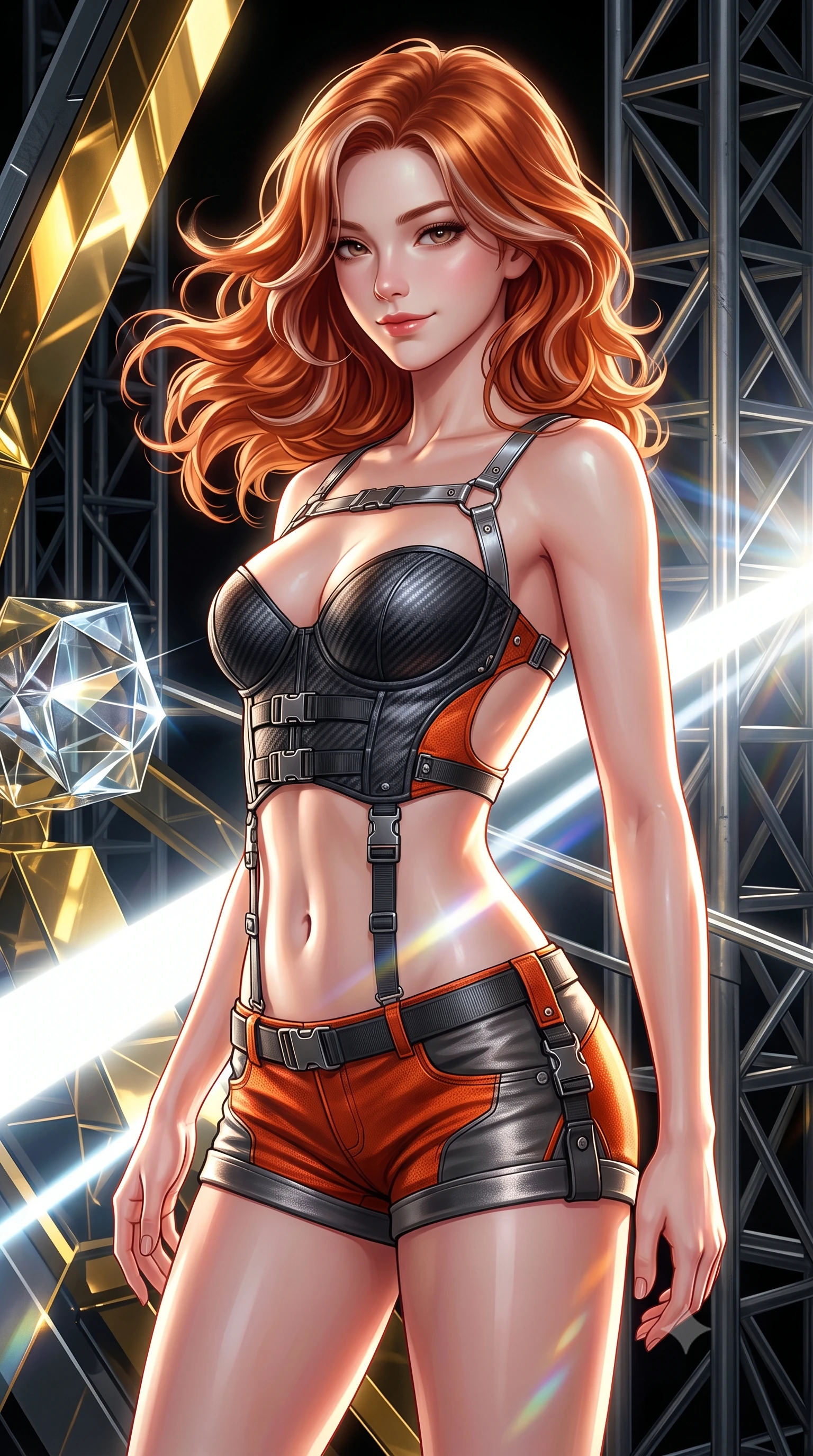 score_9, masterpiece, best quality, ultra-detailed, high-budget anime keyframe, semi-realistic 3D game render, editorial fashion photography, tasteful artistic composition, Caucasian woman. close-up cowboy shot from the waist and thighs up, the character dominates the composition, filling the frame with her large presence. turning slowly with an enchanting smoldering smile, her glossy hair tossing in the breeze as her hips angle gracefully in a captivating contrapposto while twisting her slender torso in an alluring S-curve, blinding white solar collector beams painting dynamic light ribbons across her flat midriff and hips. The surrounding environment is rendered in vivid detail and crisp panoramic clarity: sharp gold-leaf mirror facets, crystalline optical laser lenses, and heavy structural titanium trusswork in deep focus. She has an exceptionally elegant, slender, and willowy female figure with an ultra-slim waist, flat toned midriff, narrow ribcage, and sculpted feminine hips creating an alluring, slim hourglass silhouette without bulk. sharp v-shaped jawline, high-bridge nose, intricate jewel-like sparkling eyes with depth, thick eyelashes, glossy parted lips with a natural peach sheen, bright cheerful beaming smile with an enchanting and coquettish sensual glint, exuding both youthful cute charm and seductive allure, flawlessly proportioned anatomical accuracy, strict slender model proportions, natural body alignment, perfectly sculpted long slender limbs, ultra-slim waistline, clean dynamic posture without body distortion. wearing a sculpted carbon-fiber underwire crop corset with tactical buckle straps paired with low-rise micro shorts in volcanic ember orange and brushed gunmetal, crafted from bespoke double-faced cashmere with an exceptionally soft tactile finish, accented with a chrome-drop body harness subtly framing her dewy collarbones and spine, the precision-cut side openings and low-back scoop framing her graceful spine and the sensual sweep of her slim, toned hips. bathed in pure high-intensity 5500K focused solar light contrasted with deep jet-black space shadows. highly saturated vibrant anime colors, detailed shading with soft gradients, rich glossy textures, high-contrast stereoscopic depth, volumetric dynamic lighting, master piece, 9:16 ratio