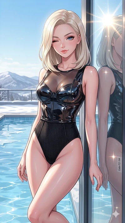 score_9, masterpiece, best quality, ultra-detailed, high-budget anime keyframe, vibrant anime aesthetic, Caucasian woman, strictly human ears. cowboy shot from the thighs up, character and outfit filling the frame for maximum presence. She is leaning