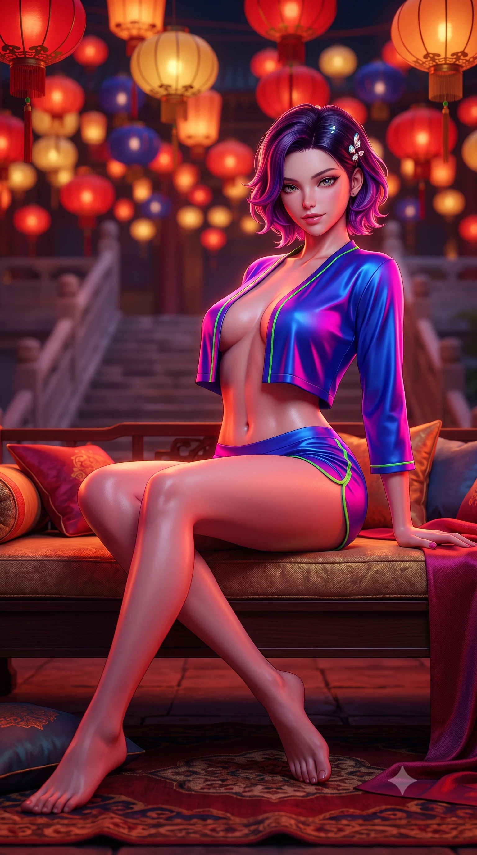 score_9, masterpiece, best quality, ultra-detailed, high-budget anime keyframe, semi-realistic 3D game render, editorial fashion photography, tasteful artistic composition, Caucasian woman. low angle full-body shot from head to toe showing her feet, filling the entire 9:16 vertical frame with her statuesque presence, stretching her vertical silhouette. lounging on the lavish daybed with legs crossed and hips angled toward the camera, displaying her toned midriff and long slender limbs with effortless siren poise while twisting her slender torso in an alluring contrapposto stance, palace festival lanterns casting vibrant crimson glow across her curves. The background shows a soft-focus hundreds of hanging royal festival lanterns and stone terrace stairways blurred into deep vermilion, gold, and indigo bokeh. She has an absolutely perfect, statuesque 8.5-heads proportion, an exceptionally tall and slender model-like female figure with impossibly long slender legs, an ultra-slim waist, a flat toned midriff, narrow delicate ribcage, and beautifully sculpted feminine hips creating a graceful, slim hourglass silhouette without any bulky heaviness. sharp v-shaped jawline, high-bridge nose, sparkling eyes with hypnotic seductive depth, thick curled eyelashes, glossy parted lips with a natural dewy peach sheen, alluring bedroom-eyes with an enchanting coquettish smile, exuding magnetic siren charisma and sophisticated glamour, flawlessly proportioned anatomical accuracy, strict slender model proportions, natural body alignment, perfectly sculpted long slender limbs, ultra-slim waistline, clean dynamic posture without body distortion. wearing a modern two-piece royal silk loungewear set featuring an open-front short bolero and form-fitting silk hot-pants in dual-tone high-contrast neon monochrome, crafted from fluid liquid silk satin that clings smoothly to every curve with a dewy sheen, finished with delicate mother-of-pearl hairpin ornaments glinting in her dark glossy hair, the second-skin tailored fabric adhering flawlessly to her sculpted flat midriff and slender torso, emphasizing her long leg lines and perfectly proportioned willowy build. bathed in the warm crimson-and-amber glow of ceremonial palace lanterns. highly saturated vibrant anime colors, detailed shading with soft gradients, rich glossy textures, high-contrast stereoscopic depth, volumetric dynamic lighting, master piece, 9:16 ratio