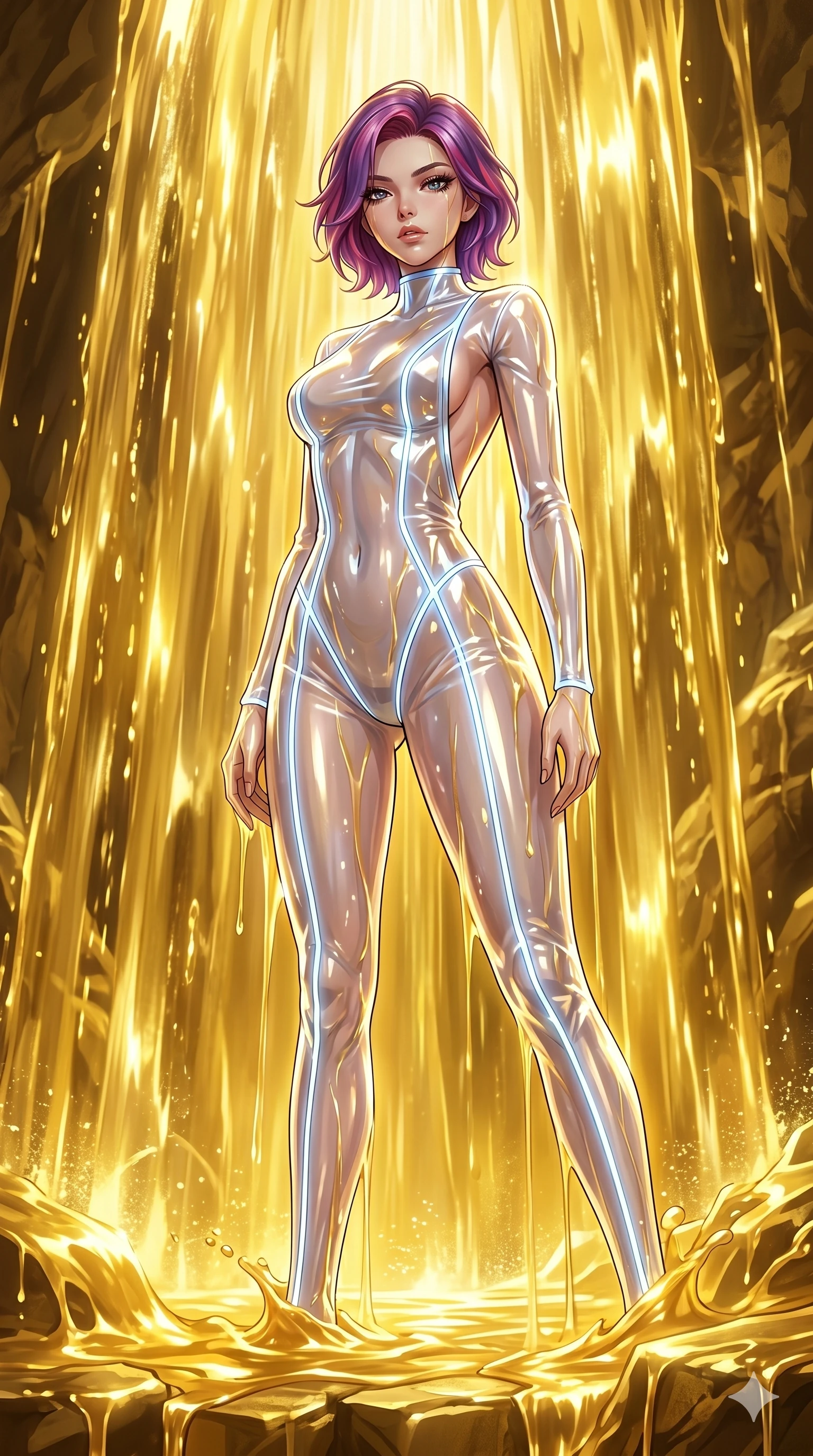 score_9, masterpiece, best quality, ultra-detailed, High-budget Anime Keyframe, East Asian woman. Low angle cowboy shot filling the entire 9:16 frame with her statuesque presence. Scenario 219: Standing under a waterfall of liquid gold, the fluid coating her form. Her presence is magnetic and overpowering in this high-budget anime scene. Outfit 219: A translucent PVC sheer with a backless design and glowing LED seams. The clothing is designed to emphasize her exceptionally tall and slender 8-heads proportion. 8-heads proportion, towering silhouette, ultra-slim waist. sharp v-shaped jawline, intricate jewel-like eyes with depth, thick eyelashes, glossy lips. 2k, ultra detail, master piece, 9:16 ratio