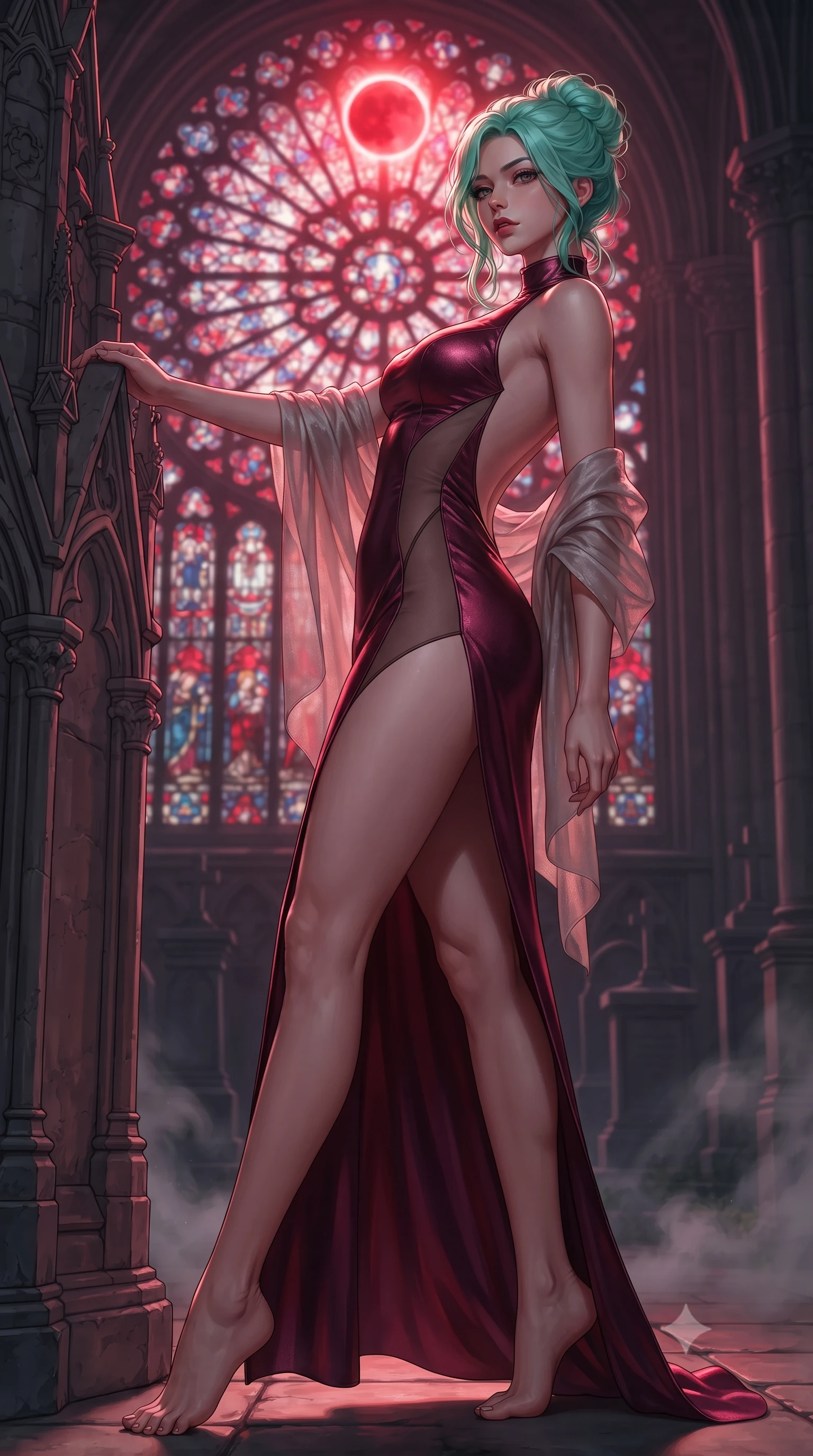 score_9, masterpiece, best quality, ultra-detailed, high-budget anime keyframe, editorial fashion photography, tasteful artistic composition, Japanese woman. low angle full-body shot from head to toe showing her feet, filling the entire 9:16 vertical frame with her statuesque presence, stretching her vertical silhouette. leaning deep against the structural architecture with hips cocked in an unapologetically bold, seductive high-fashion stance while arching her back in an alluring dance-like pause as moonlight pours through a colossal rose stained-glass window. The composition keeps background elements in soft focus with creamy bokeh. swirling night mist and distant cemetery monuments softened in cinematic shallow focus. She has an absolutely perfect, statuesque 8.5-heads proportion, an exceptionally tall and slender model-like female figure with impossibly long slender legs, a toned flat midriff, and an ultra-slim waist. sharp v-shaped jawline, high-bridge nose, intricate jewel-like eyes with depth, thick eyelashes, glossy parted lips with a natural sheen, intensely captivating and seductive expression, flawlessly proportioned anatomical accuracy, strict slender model proportions, natural body alignment, perfectly sculpted long slender limbs, ultra-slim waistline, clean dynamic posture without body distortion. wearing a high-collar burgundy duchess satin gown with asymmetrical sheer side panels and thigh slit in midnight slate and deep scarlet accents, crafted from luxurious metallic lamé that shifts radiance with every step, finished with a gossamer silk shawl draped loosely over her elbows, the dramatically scooped open back descending to the base of her spine, accentuating her razor-sharp statuesque lines and slim hourglass silhouette. bathed in surreal blood-red lunar eclipse backlighting and cool silver ambient fill. ultra-reflective glossy finish, specular highlights, rich textural contrasts, high-contrast stereoscopic depth, volumetric dynamic lighting, 2k, ultra detail, master piece, 9:16 ratio