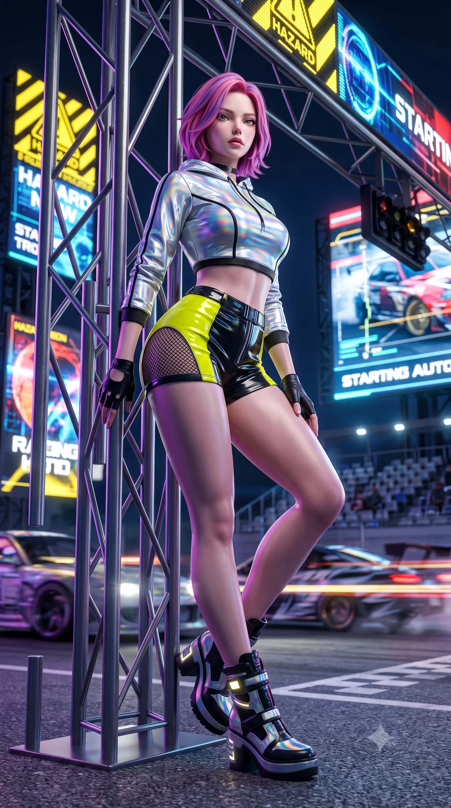 score_9, masterpiece, best quality, ultra-detailed, high-budget anime keyframe, semi-realistic 3D game render, editorial fashion photography, tasteful artistic composition, Caucasian woman. low angle full-body shot from head to toe showing her feet, filling the entire 9:16 vertical frame with her statuesque presence, stretching her vertical silhouette. leaning deep against the structural architecture with hips cocked in an unapologetically bold, seductive high-fashion stance while posing boldly at the center of the illuminated starting grid as giant holographic jumbotrons flash behind her. The composition keeps background elements in soft focus with creamy bokeh. roaring drift cars and grandstand bleachers softened in dynamic shallow depth of field. She has an absolutely perfect, statuesque 8.5-heads proportion, an exceptionally tall and slender model-like female figure with impossibly long slender legs, a toned flat midriff, and an ultra-slim waist. sharp v-shaped jawline, high-bridge nose, intricate jewel-like eyes with depth, thick eyelashes, glossy parted lips with a natural sheen, intensely captivating and seductive expression, flawlessly proportioned anatomical accuracy, strict slender model proportions, natural body alignment, perfectly sculpted long slender limbs, ultra-slim waistline, clean dynamic posture without body distortion. wearing a holographic silver crop hoodie paired with high-waisted racing shorts and fishnet accents in high-gloss asphalt black and hazard neon yellow, tailored from supple second-skin lambskin leather adhering to her curves, accessorized with bold platform racing boots and fingerless leather gloves, the glove-like aerodynamic second-skin fit tightly clinging to her ultra-slender waist and athletic curves without adding bulk, accentuating her razor-sharp statuesque lines and slim hourglass silhouette. bathed in dynamic color-shifting LED race lights and sweeping white spotlight fill. highly saturated vibrant anime colors, detailed shading with soft gradients, rich glossy textures, high-contrast stereoscopic depth, volumetric dynamic lighting, master piece, 9:16 ratio