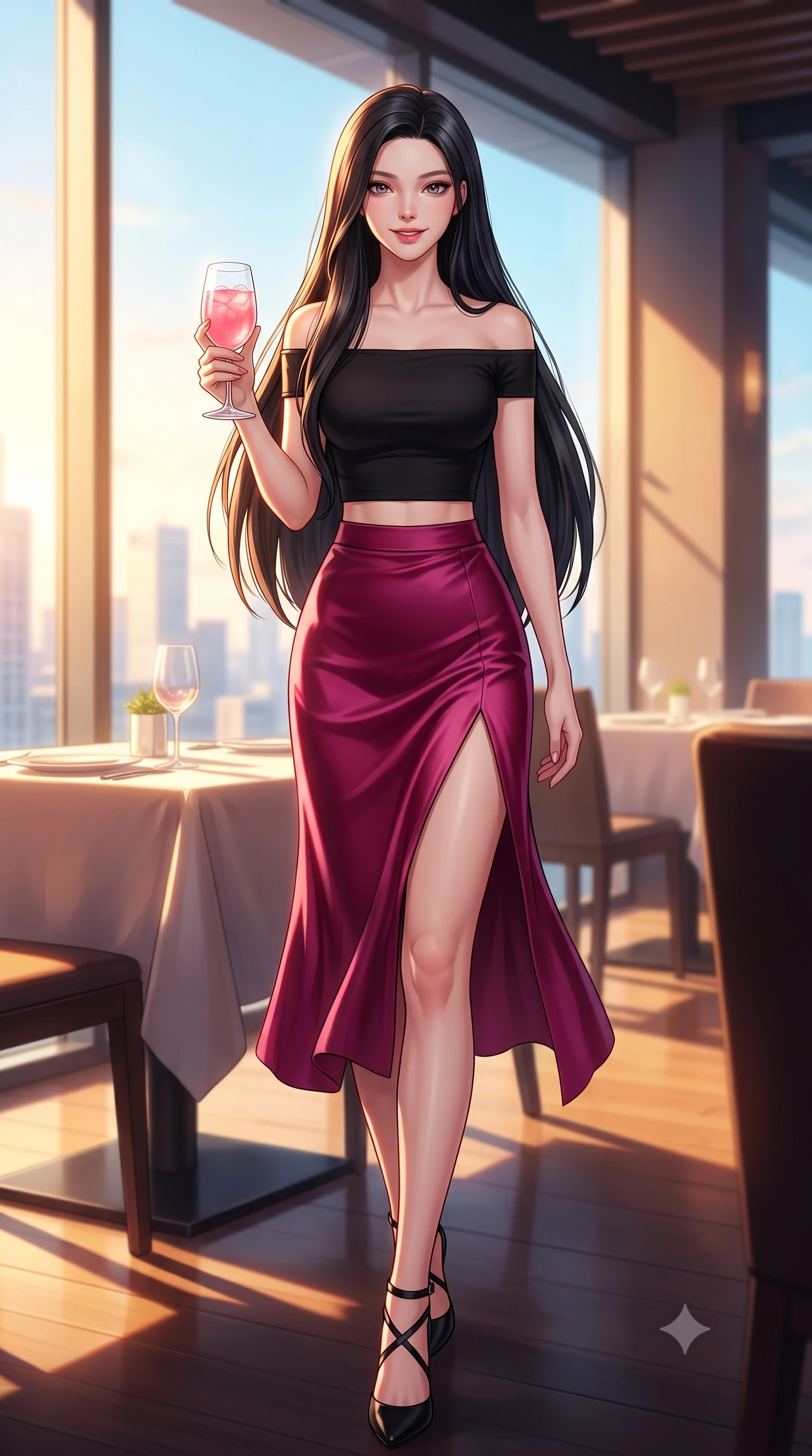 score_9, masterpiece, best quality, ultra-detailed, high-budget anime keyframe, editorial fashion photography, tasteful artistic composition, Korean woman. low angle full-body shot from head to toe showing her feet, filling the entire 9:16 vertical frame with her statuesque presence, stretching her vertical silhouette. stepping forward with an alluring, magnetic smile, her graceful posture highlighting her statuesque silhouette set against a soft-focus background of inside a modern rooftop restaurant overlooking a bright city skyline holding a glass of pink lemonade with a playful, cute smile. She has an absolutely perfect, statuesque 8.5-heads proportion, an exceptionally tall and slender model-like female figure with impossibly long slender legs and an ultra-slim waist. sharp v-shaped jawline, high-bridge nose, intricate jewel-like eyes with depth, thick eyelashes, glossy lips with a natural sheen. wearing slim-fit stylish off-shoulder crop top paired with a high-slit satin midi skirt. golden hour sunset light casting long warm shadows on the restaurant table. highly saturated vibrant anime colors, detailed shading with soft gradients, rich glossy textures, high-contrast stereoscopic depth, volumetric dynamic lighting, master piece, 9:16 ratio