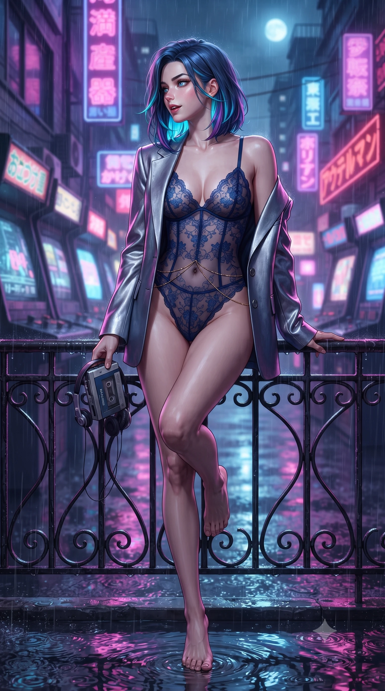 score_9, masterpiece, best quality, ultra-detailed, high-budget anime keyframe, editorial fashion photography, tasteful artistic composition, Caucasian woman. low angle full-body shot from head to toe showing her feet, filling the entire 9:16 vertical frame with her statuesque presence, stretching her vertical silhouette. walking along the moonlit terrace with poise, looking back over her bare shoulder with an irresistible smoldering bedroom-gaze while sitting perched on the metal railing of the arcade entrance with legs extended, holding a cassette walkman with effortless 80s cool. The background shows a soft-focus flickering CRT arcade game screens, retro kanji neon signs, and rainy street puddles blurred into neon pink, violet, and electric blue bokeh. She has an absolutely perfect, statuesque 8.5-heads proportion, an exceptionally tall and slender model-like female figure with impossibly long slender legs, an ultra-slim waist, a flat toned midriff, narrow delicate ribcage, and beautifully sculpted feminine hips creating a graceful, slim hourglass silhouette without any bulky heaviness. sharp v-shaped jawline, high-bridge nose, sparkling eyes with hypnotic seductive depth, thick curled eyelashes, glossy parted lips with a natural dewy peach sheen, alluring bedroom-eyes with an enchanting coquettish smile, exuding magnetic siren charisma and sophisticated glamour, flawlessly proportioned anatomical accuracy, strict slender model proportions, natural body alignment, perfectly sculpted long slender limbs, ultra-slim waistline, clean dynamic posture without body distortion. wearing a delicate sheer floral lace teddy layered under an open tailored oversized blazer draped casually over bare shoulders in metallic liquid silver and deep sapphire navy, made of sheer gossamer chiffon that drapes softly against skin with airy translucence, finished with a dainty gold belly chain resting across her flat midriff and curving hips, the second-skin tailored fabric adhering flawlessly to her sculpted flat midriff and slender torso, emphasizing her long leg lines and perfectly proportioned willowy build. illuminated by puddle specular bounce and sharp magenta rim lights defining her razor-sharp jawline, ultra-slim waist, and curvy hips. ultra-reflective glossy finish, specular highlights, rich textural contrasts, high-contrast stereoscopic depth, volumetric dynamic lighting, 2k, ultra detail, master piece, 9:16 ratio