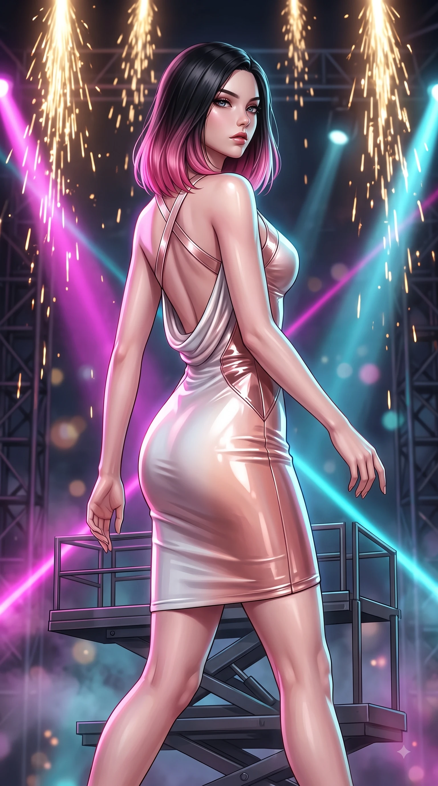 score_9, masterpiece, best quality, ultra-detailed, high-budget anime keyframe, editorial fashion photography, tasteful artistic composition, Korean woman. close-up cowboy shot from the waist and thighs up, the character dominates the composition, filling the frame with her large presence, background elements kept in soft focus. Gazing past the lens with smoldering intensity as her torso curves dynamically in mid-stride while poised on a hydraulic lift platform as golden pyrotechnic sparks rain down behind her, intense volumetric laser beams cutting through stage fog in magenta and cyan. She has an exceptionally elegant, slender, and willowy female figure with an ultra-slim waist, a gracefully sculpted slender torso, and a refined silhouette. sharp v-shaped jawline, high-bridge nose, intricate jewel-like eyes with depth, thick eyelashes, glossy lips with a natural sheen, flawlessly proportioned anatomical accuracy, natural body alignment, perfectly sculpted elegant limbs, clean dynamic posture without body distortion. wearing a precision-fitted liquid jersey bodycon dress with a graceful draped back in pearl white and rose gold, tailored from high-gloss patent leather, complemented by criss-cross back straps highlighting her bare shoulders, the elegant draped fit framing her graceful clavicle and slender torso. bathed in intense volumetric stage spotlights and vivid neon rim lights. ultra-reflective glossy finish, specular highlights, metallic sheen, high-contrast stereoscopic depth, volumetric dynamic lighting, 2k, ultra detail, master piece, 9:16 ratio