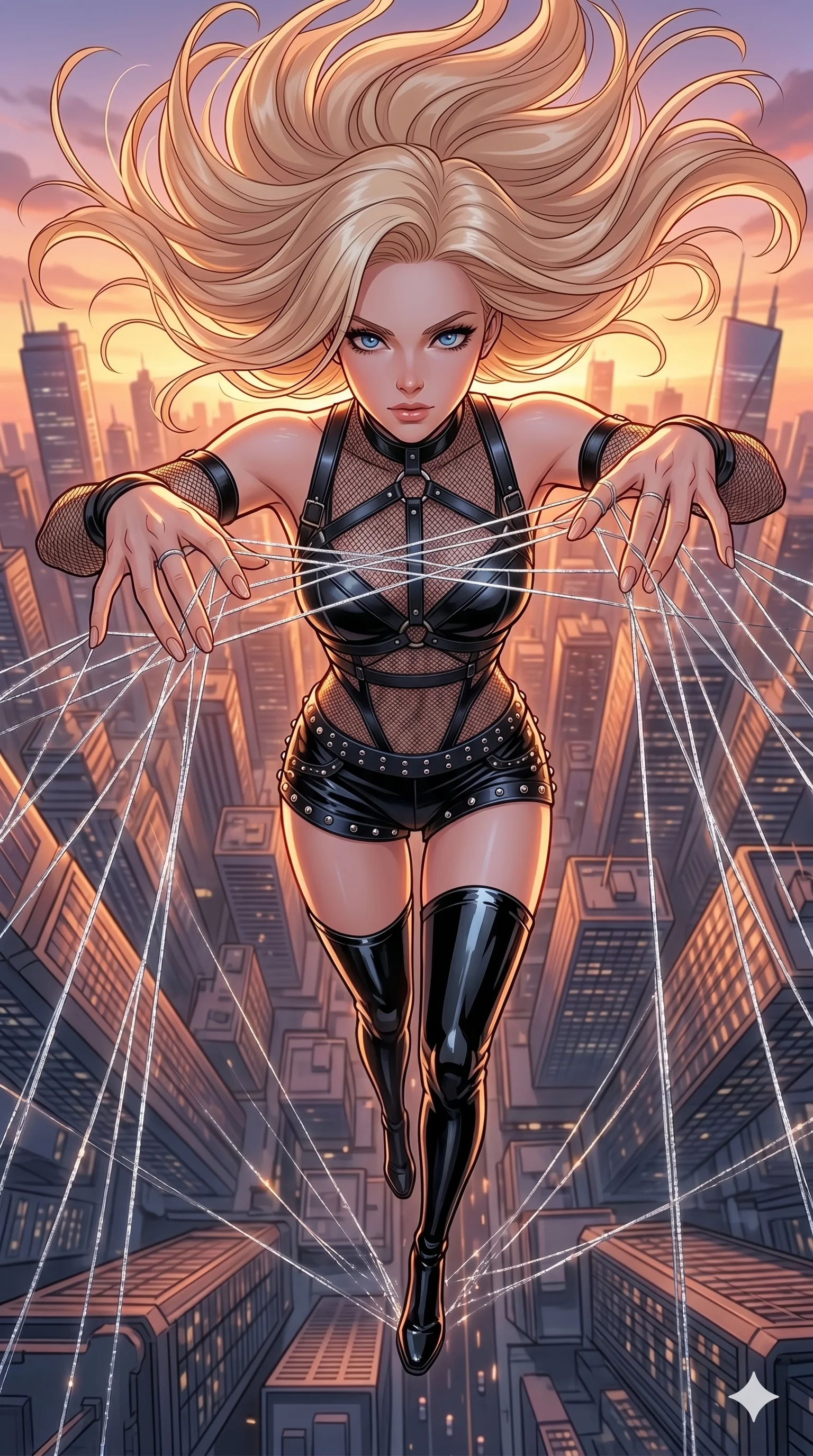 score_9, masterpiece, best quality, ultra-detailed, high-budget anime movie keyframe, cinematic anime lighting, intricate line art, Caucasian (strictly human ears) woman. Extreme high angle shot as she leaps towards the camera, filling the frame. weaving a web of silver threads between two skyscrapers. She has an absolutely perfect 8-heads proportion, an exceptionally tall and slender female figure with an ultra-slim waist and impossibly long slender legs. strictly human anatomy, two legs only, no extra limbs, clearly defined legs and arms, perfect anatomy, perfect hands and fingers. sharp v-shaped jawline, high-bridge nose, intricate jewel-like eyes, thick eyelashes, glossy lips. Wearing K-Idol Stage: Leather harness over mesh, high-cut bodysuit, studded micro-shorts, and thigh-high patent boots. The scene is illuminated by dramatic atmospheric lighting and vibrant color palettes. , 2k, ultra detail, master piece, 9:16 ratio