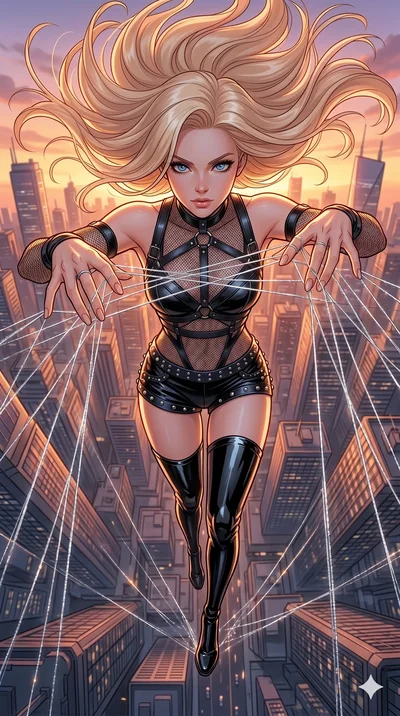 score_9, masterpiece, best quality, ultra-detailed, high-budget anime movie keyframe, cinematic anime lighting, intricate line art, Caucasian (strictly human ears) woman. Extreme high angle shot as she leaps towards the camera, filling the frame. wea