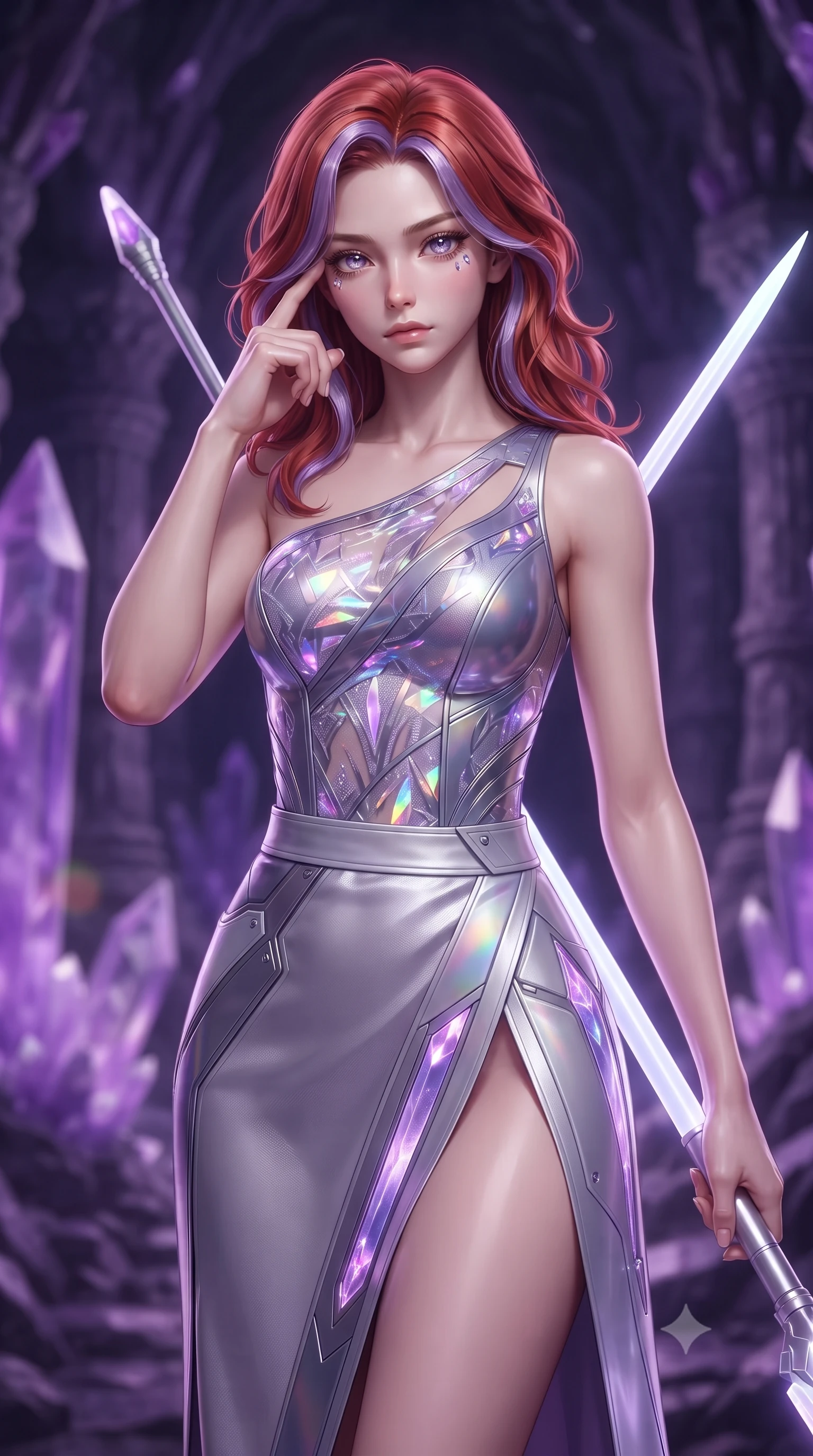 score_9, masterpiece, best quality, ultra-detailed, high-budget anime keyframe, editorial fashion photography, tasteful artistic composition, Caucasian woman. close-up cowboy shot from the waist and thighs up, the character dominates the composition, filling the frame with her large presence, background elements kept in soft focus. pressing two fingers to her temple while holding a light-spear diagonally behind her in a composed thoughtful gesture, the background shows a soft-focus an amethyst geode cavern with towering purple crystal spires and rock columns. She has an exceptionally elegant, slender, and willowy female figure with an ultra-slim waist, a gracefully sculpted slender torso, and a refined silhouette. sharp v-shaped jawline, high-bridge nose, intricate jewel-like eyes with depth, thick eyelashes, glossy lips with a natural sheen. wearing a tailored asymmetric one-shoulder nanotech bodice paired with a daring high-slit tactical utility wrap skirt. soft internal purple crystal glow refracting into delicate rainbow prisms. ultra-reflective glossy finish, specular highlights, metallic sheen, high-contrast stereoscopic depth, volumetric dynamic lighting, 2k, ultra detail, master piece, 9:16 ratio