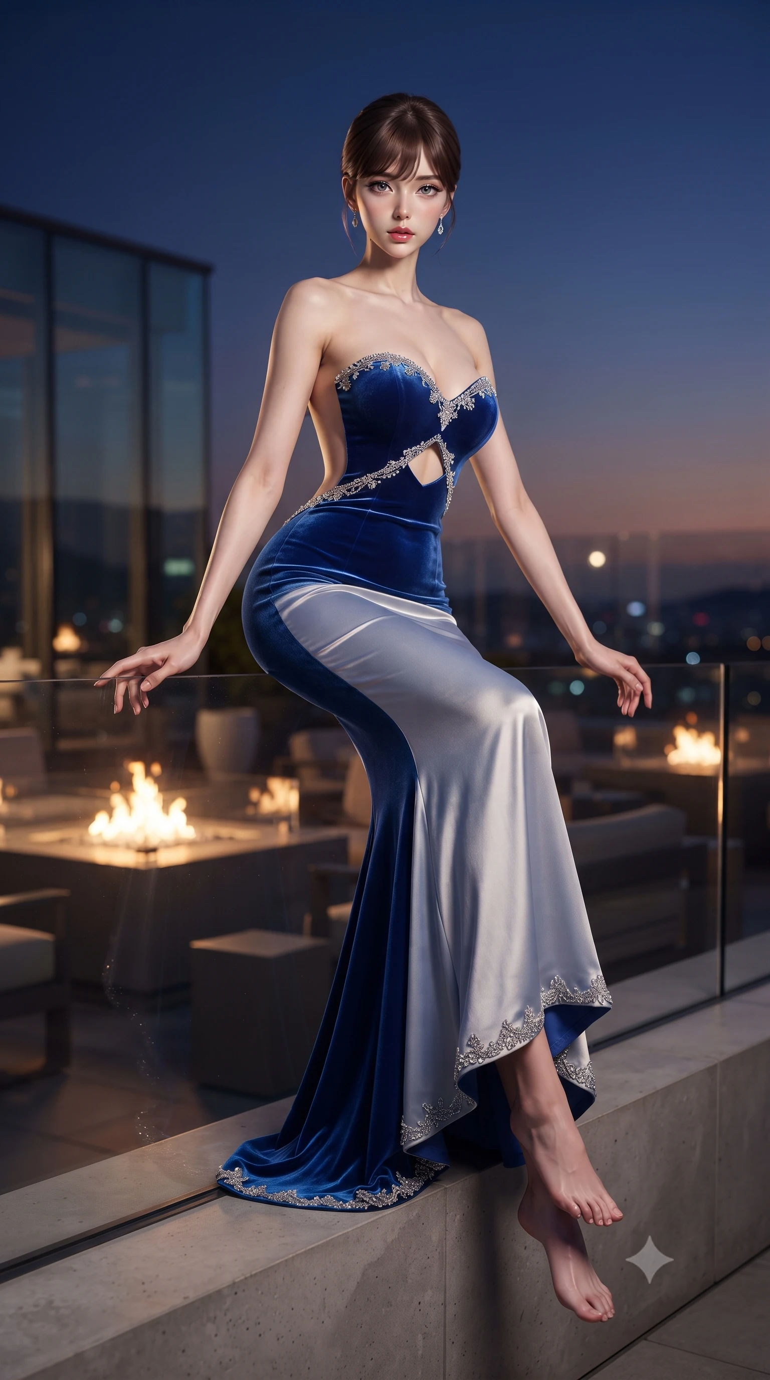 score_9, masterpiece, best quality, ultra-detailed, high-budget anime keyframe, editorial fashion photography, tasteful artistic composition, Korean woman. low angle full-body shot from head to toe showing her feet, filling the entire 9:16 vertical frame with her statuesque presence, stretching her vertical silhouette. sitting perched on the elevated ledge with hips angled toward the camera and legs crossed, displaying her toned midriff and flawlessly sculpted slender limbs while resting both hands on the low glass railing with lower back arched, casting an alluring over-the-shoulder bedroom-glance toward the camera. The composition keeps background elements in soft focus with creamy bokeh. glass terrace architecture and glowing fire pits softened in glamorous shallow depth of field. She has an absolutely perfect, statuesque 8.5-heads proportion, an exceptionally tall and slender model-like female figure with impossibly long slender legs, a toned flat midriff, an ultra-slim waist, and beautifully sculpted feminine hips. sharp v-shaped jawline, high-bridge nose, intricate jewel-like eyes with depth, thick eyelashes, glossy parted lips with a natural sheen, intensely captivating and seductive bedroom-eyes expression, flawlessly proportioned anatomical accuracy, strict slender model proportions, natural body alignment, perfectly sculpted long slender limbs, ultra-slim waistline, clean dynamic posture without body distortion. wearing a sculptured strapless velvet evening gown with an open-waist ring cutout and body-hugging mermaid silhouette in royal sapphire blue and brushed platinum, tailored from liquid silk jersey adhering flawlessly to her slender build, finished with delicate crystal embroidery along the neckline and hem, the dramatically scooped open back descending to the base of her spine, accentuating her razor-sharp statuesque lines and curvy hourglass silhouette. bathed in twilight indigo sky tones and warm amber rooftop fire pit glow. ultra-reflective glossy finish, specular highlights, rich textural contrasts, high-contrast stereoscopic depth, volumetric dynamic lighting, 2k, ultra detail, master piece, 9:16 ratio
