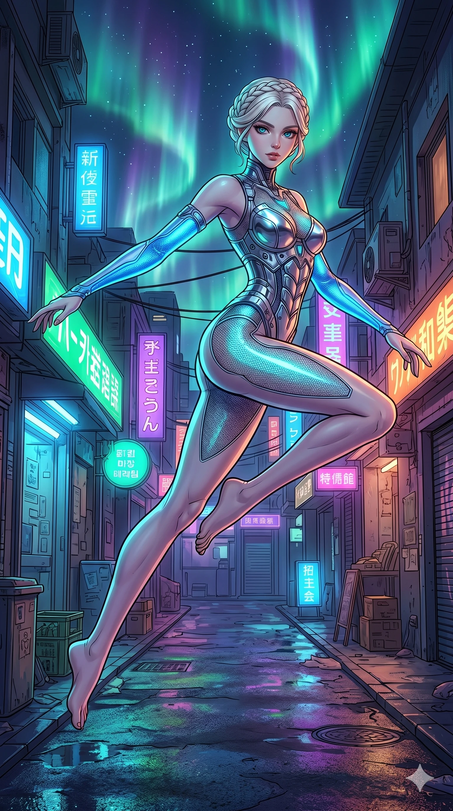 score_9, masterpiece, best quality, ultra-detailed, high-budget anime movie keyframe, cinematic anime lighting, intricate line art, Caucasian (strictly human ears) anime girl. Dynamic full-body shot stretching the vertical silhouette across the 9:16 frame. leaping gracefully in a neon-lit cyberpunk alleyway amidst aurora borealis. She has an absolutely perfect 8-heads proportion, an exceptionally tall and slender female figure with an ultra-slim waist and impossibly long slender legs. sharp v-shaped jawline, high-bridge nose, intricate jewel-like eyes, thick eyelashes, glossy lips. Wearing asymmetrical high-cut tech-bodysuit with detached glowing sleeves, chrome-plated mechanical corset, and bioluminescent mesh panels clinging to her slender figure. The scene is illuminated by dramatic atmospheric lighting and vibrant color palettes. 2k, ultra detail, master piece, 9:16 ratio