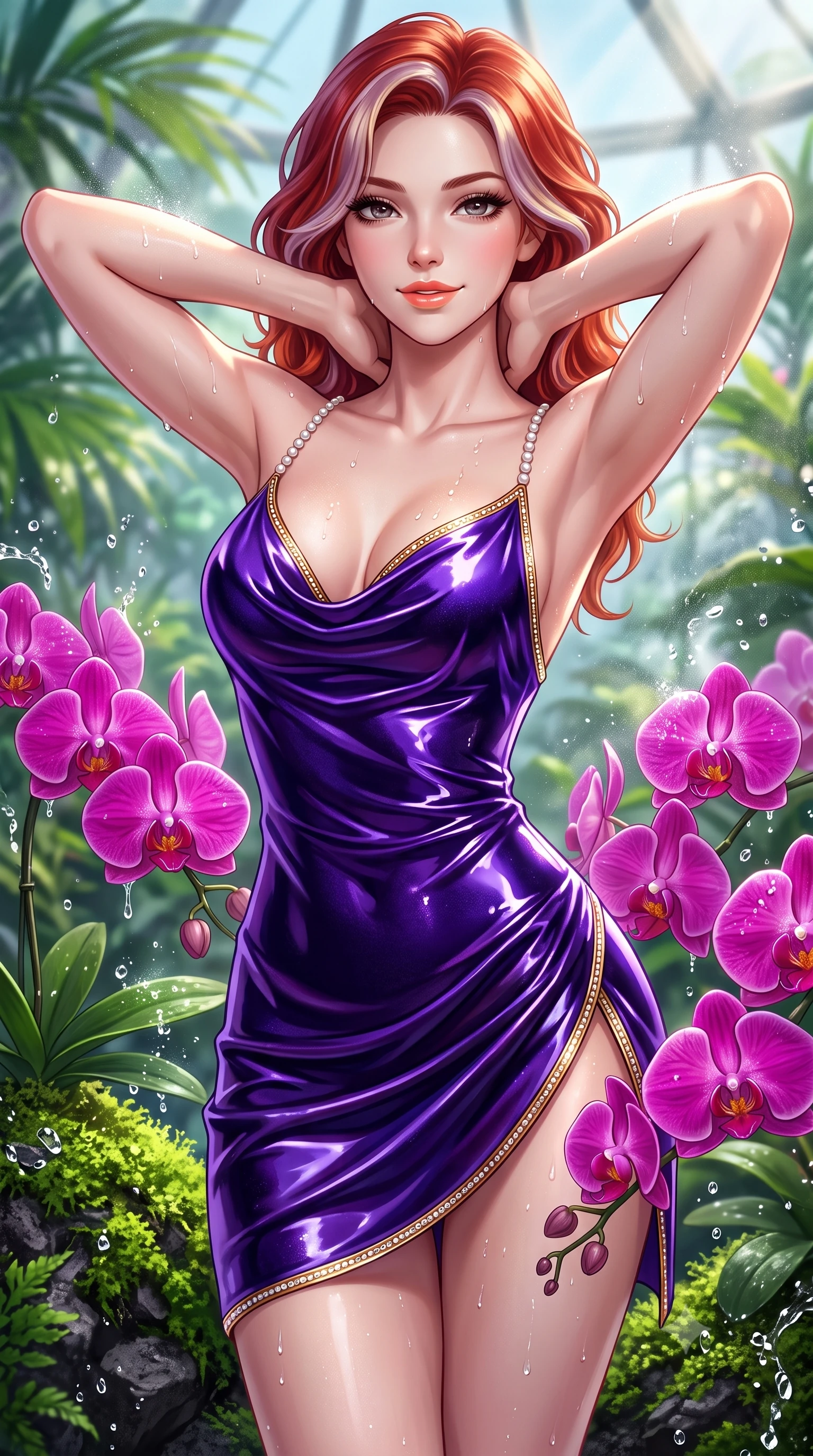 score_9, masterpiece, best quality, ultra-detailed, high-budget anime keyframe, semi-realistic 3D game render, editorial fashion photography, tasteful artistic composition, Caucasian woman. close-up cowboy shot from the waist and thighs up, the character dominates the composition, filling the frame with her large presence. resting both hands lightly behind her neck with elbows raised, arching her spine to highlight her narrow waist, flat midriff, and breathtaking collarbones while twisting her slender torso in an alluring S-curve, exotic magenta orchids framing her sculpted flat midriff, waist, and curvy hips. The surrounding environment is rendered in vivid detail and crisp panoramic clarity: sharp orchid petal velvet texture, water droplet splash beads, and green moss on volcanic stone in deep focus. She has an exceptionally elegant, slender, and willowy female figure with an ultra-slim waist, flat toned midriff, narrow ribcage, and sculpted feminine hips creating an alluring, slim hourglass silhouette without bulk. sharp v-shaped jawline, high-bridge nose, sparkling eyes with hypnotic seductive depth, thick curled eyelashes, glossy parted lips with a natural dewy peach sheen, alluring bedroom-eyes with an enchanting coquettish smile, exuding magnetic siren charisma and sophisticated glamour, flawlessly proportioned anatomical accuracy, strict slender model proportions, natural body alignment, perfectly sculpted long slender limbs, ultra-slim waistline, clean dynamic posture without body distortion. wearing a low-cut draped cowl-back satin slip mini dress with dainty pearl spaghetti straps and hip-hugging cut in high-roller royal purple velvet and gilded bronze with crystal trims, crafted from wet-look high-gloss vinyl fabric with dazzling specular surface reflections, complemented by glistening drops of moisture beading across her sculpted shoulders and flat midriff, the high-slit wrap tailoring accentuating her ultra-slim waistline and the enchanting curve of her feminine hips with alluring seductive charm. bathed in diffused tropical greenhouse sunlight mixed with pool water caustic bounce. highly saturated vibrant anime colors, detailed shading with soft gradients, rich glossy textures, high-contrast stereoscopic depth, volumetric dynamic lighting, master piece, 9:16 ratio
