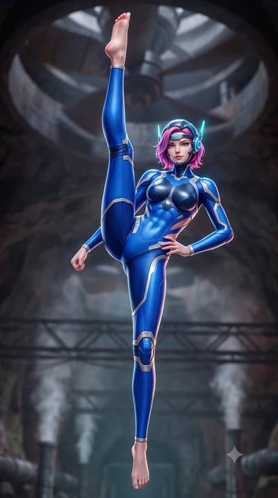 score_9, masterpiece, best quality, ultra-detailed, high-budget anime keyframe, semi-realistic 3D game render, editorial fashion photography, tasteful artistic composition, Caucasian woman. low angle full-body shot from head to toe showing her feet, 