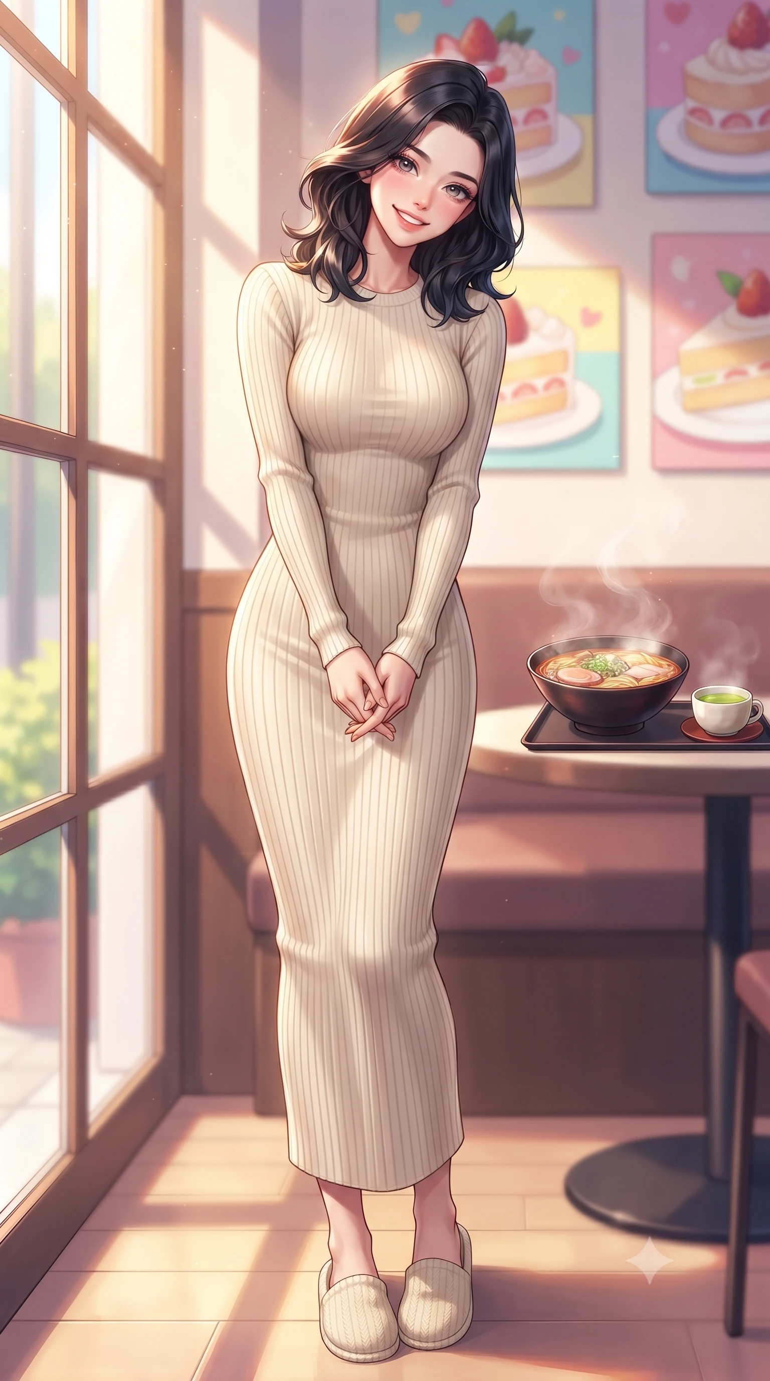 score_9, masterpiece, best quality, ultra-detailed, high-budget anime keyframe, editorial fashion photography, tasteful artistic composition, Korean woman. low angle full-body shot from head to toe showing her feet, filling the entire 9:16 vertical frame with her statuesque presence, stretching her vertical silhouette. standing with a cute, bright pose, tilting her head with a beaming smile set against a soft-focus background of in a cozy dessert cafe corner decorated with colorful cake paintings with a steaming bowl of ramen and a small cup of hot green tea nearby. She has an absolutely perfect, statuesque 8.5-heads proportion, an exceptionally tall and slender model-like female figure with impossibly long slender legs and an ultra-slim waist. sharp v-shaped jawline, high-bridge nose, intricate jewel-like eyes with depth, thick eyelashes, glossy lips with a natural sheen. wearing body-hugging form-fitting ribbed knit dress in cream, contouring her slender silhouette. bright afternoon sunlight streaming through the large window pane. highly saturated vibrant anime colors, detailed shading with soft gradients, rich glossy textures, high-contrast stereoscopic depth, volumetric dynamic lighting, master piece, 9:16 ratio
