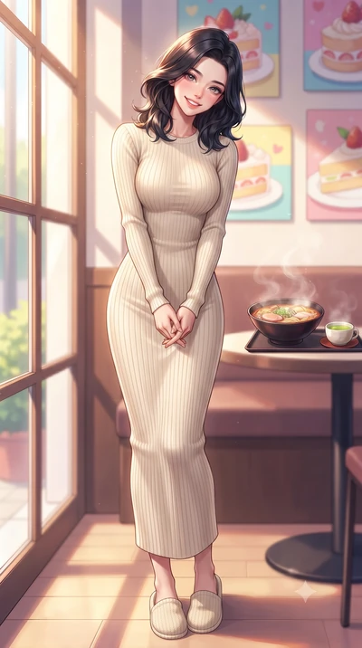 score_9, masterpiece, best quality, ultra-detailed, high-budget anime keyframe, editorial fashion photography, tasteful artistic composition, Korean woman. low angle full-body shot from head to toe showing her feet, filling the entire 9:16 vertical f