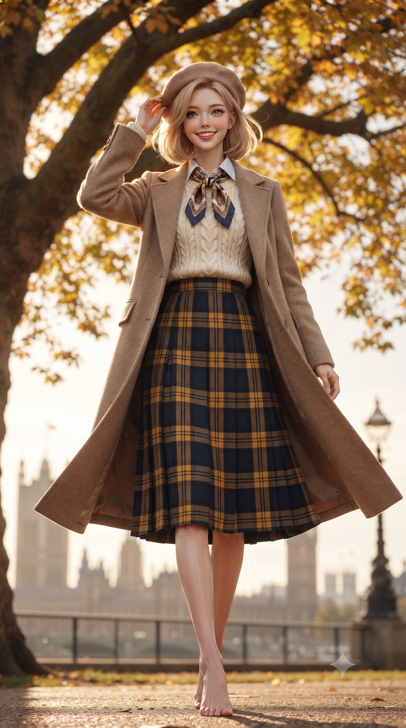 score_9, masterpiece, best quality, ultra-detailed, high-budget anime keyframe, editorial fashion photography, tasteful artistic composition, Korean woman. low angle full-body shot from head to toe showing her feet, filling the entire 9:16 vertical frame with her statuesque presence, stretching her vertical silhouette. stepping forward gracefully in mid-motion with a radiant beaming smile, her long tailored coat fluttering around her slender legs while pausing beneath a monumental golden beech tree, one hand lightly holding her wool beret as an autumn breeze sweeps by. The background shows a soft-focus distant London skyline spires softened in quintessential British autumn shallow focus. She has an exceptionally tall and slender model-like 8.5-heads proportion, an ultra-slim waist, a flat toned midriff, narrow delicate ribcage, and beautifully sculpted feminine hips creating a graceful, slim hourglass silhouette without any bulky heaviness, with impossibly long slender legs. sharp v-shaped jawline, high-bridge nose, intricate jewel-like sparkling eyes with depth, thick eyelashes, glossy parted lips with a natural peach sheen, bright cheerful beaming smile with an enchanting and coquettish sensual glint, exuding both youthful cute charm and seductive allure, flawlessly proportioned anatomical accuracy, strict slender model proportions, natural body alignment, perfectly sculpted long slender limbs, ultra-slim waistline, clean dynamic posture without body distortion. wearing an ivory cable-knit fisherman sweater paired with a pleated wool tartan midi skirt and a crisp collared poplin shirt in Ginza vintage brass gold and midnight navy, made of luxurious brushed wool flannel with rich textural depth and clean structure, finished with a printed silk twilly scarf knotted gracefully around her neck, the streamlined silhouette following her natural slender proportions with sophisticated poise, enhancing her tall willowy presence. bathed in crisp low-angle late-afternoon autumn sunlight filtering through a shimmering golden leaf canopy. ultra-reflective glossy finish, specular highlights, rich textural contrasts, high-contrast stereoscopic depth, volumetric dynamic lighting, 2k, ultra detail, master piece, 9:16 ratio