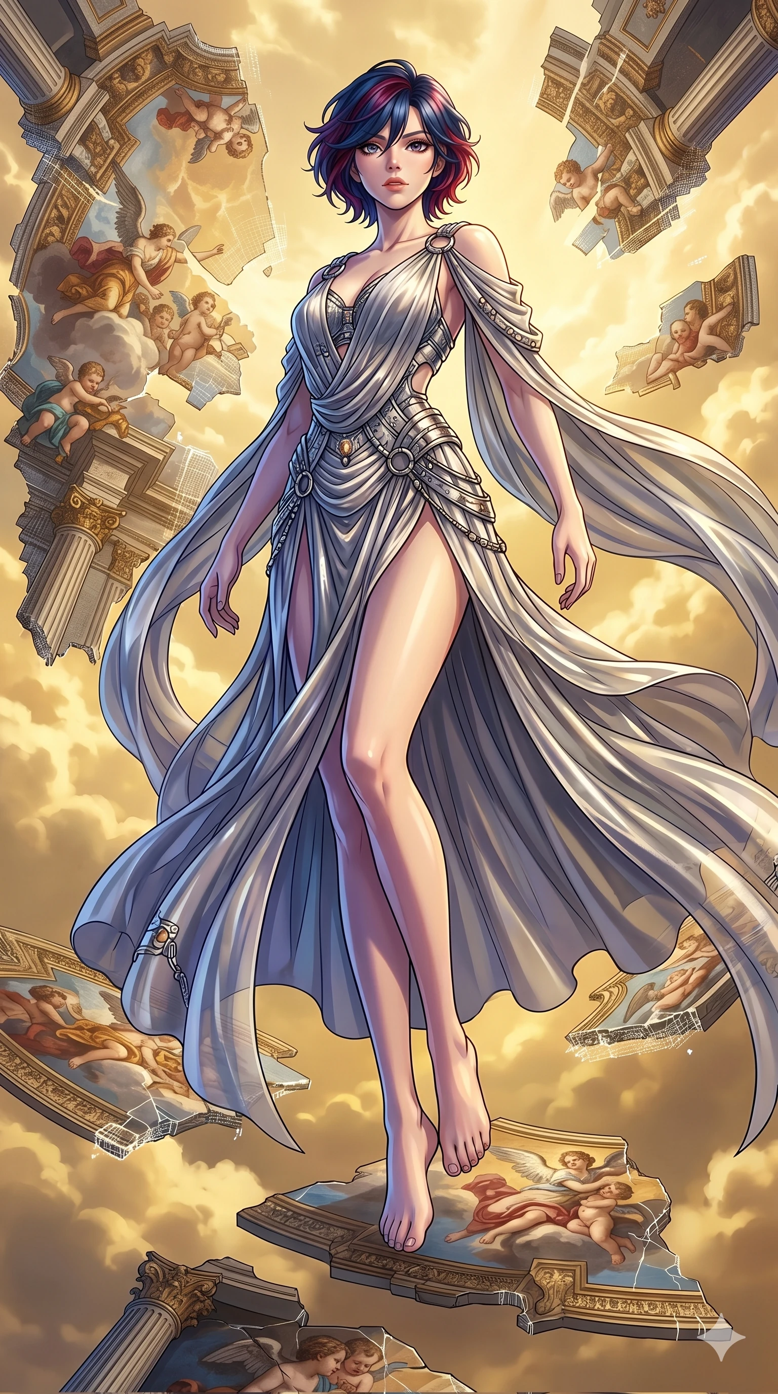 score_9, masterpiece, best quality, ultra-detailed, high-budget anime keyframe, Caucasian woman, strictly human ears. low angle full-body shot filling the entire 9:16 frame with her statuesque presence, stretching the vertical silhouette. propelling herself off digital baroque ceiling fresco shards that float and reassemble in a golden sky. She has an absolutely perfect 8-heads proportion, an exceptionally tall and slender female figure with impossibly long slender legs and an ultra-slim waist. V-shaped jawline, high-bridge nose, intricate jewel-like eyes with depth, thick eyelashes, glossy lips with a natural sheen.. wearing a draped Grecian cyber-gown, featuring draped silver metallic chiffon held by metal ring hardware, displaying a high-leg line. accented by dynamic color-blocked lighting with high-contrast shadows emphasizing her statuesque height. 2k, ultra detail, master piece, 9:16 ratio