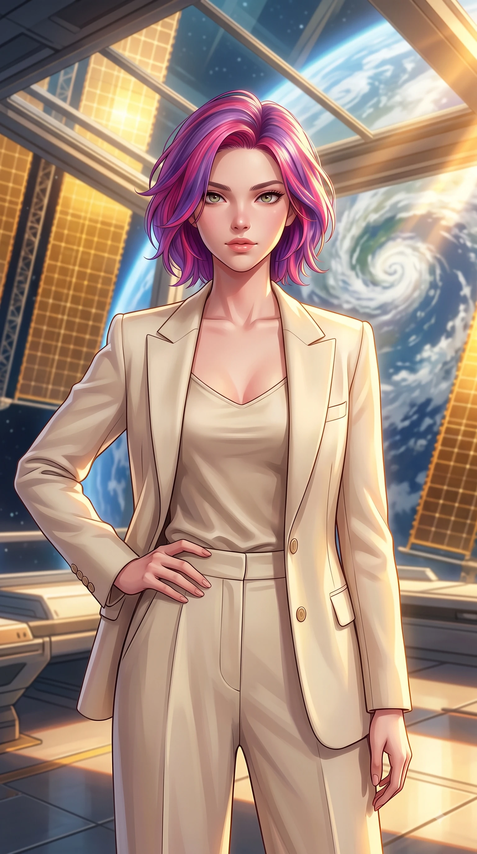 score_9, masterpiece, best quality, ultra-detailed, high-budget anime keyframe, editorial fashion photography, tasteful artistic composition, Caucasian woman woman. close-up cowboy shot from the waist and thighs up, the character dominates the composition, filling the frame with her large presence, background elements kept in soft focus. She has an exceptionally elegant, slender, and willowy female figure with an ultra-slim waist, a gracefully sculpted slender torso, and a refined silhouette. holding a confident power pose with one hand on her hip, looking directly into the camera with quiet self-assurance, flawlessly proportioned anatomical accuracy, natural body alignment, perfectly sculpted elegant limbs, clean dynamic posture without body distortion. set against a soft-focus background of an orbital solarium deck with giant gold solar panels overlooking Earth. wearing a tailored cream wool blazer over an oatmeal silk camisole and wide-leg trousers. bathed in intense golden hour solar light slicing through glass ceiling panels. highly saturated vibrant anime colors, detailed shading with soft gradients, rich glossy textures, high-contrast stereoscopic depth, volumetric dynamic lighting, master piece, 9:16 ratio
