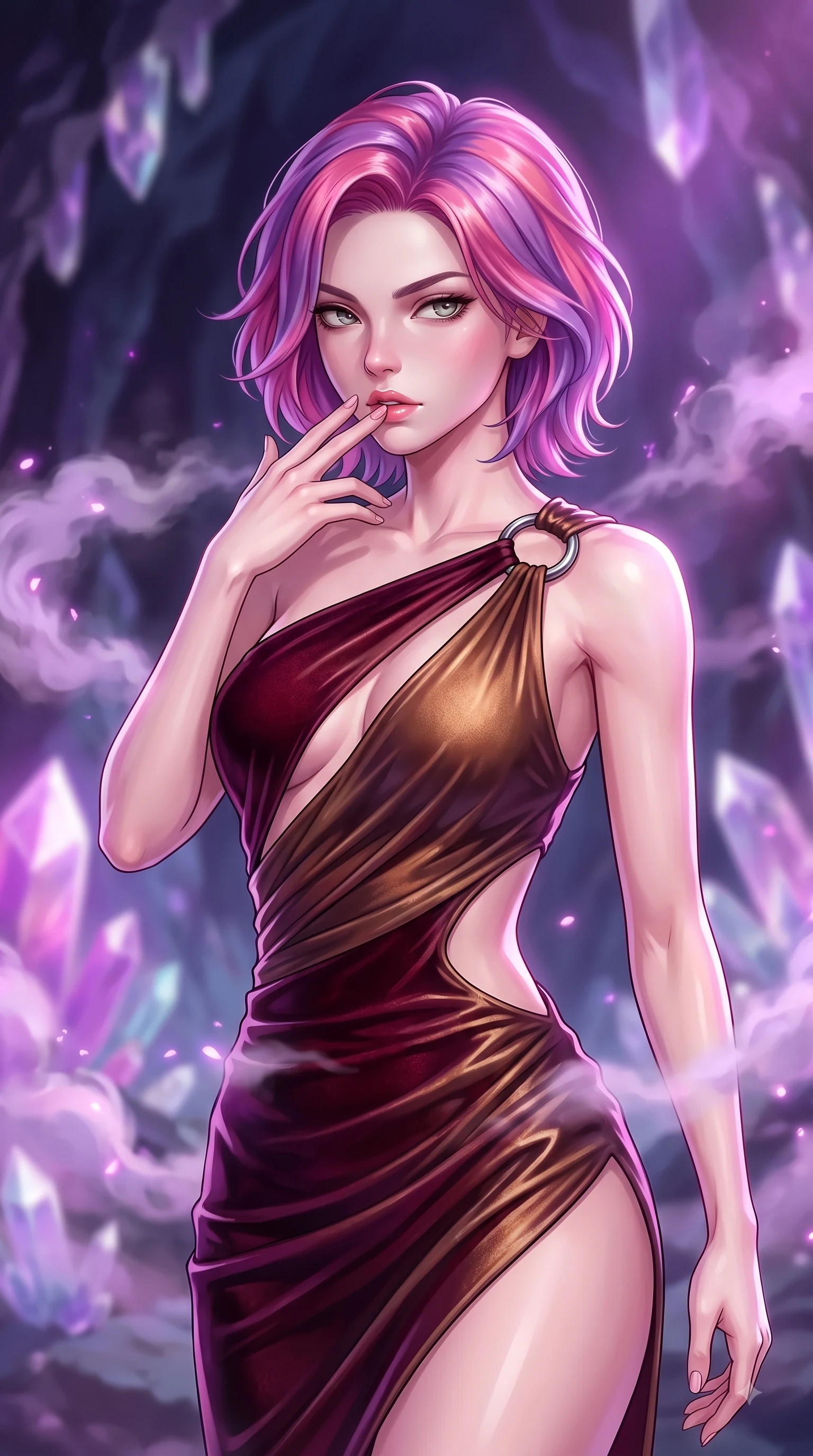 score_9, masterpiece, best quality, ultra-detailed, high-budget anime keyframe, editorial fashion photography, tasteful artistic composition, Caucasian woman. close-up cowboy shot from the waist and thighs up, the character dominates the composition, filling the frame with her large presence, background elements kept in soft focus. Resting two fingers near her glossy lips, casting a sharp mysterious side-gaze during her dynamic motion while pivoting dynamically in a subterranean crystal cave as steam clouds scatter soft purple geode light, swirling thermal steam clouds scattering soft violet and magenta mineral light in mid-air. She has an exceptionally elegant, slender, and willowy female figure with an ultra-slim waist, a gracefully sculpted slender torso, and a refined silhouette. sharp v-shaped jawline, high-bridge nose, intricate jewel-like eyes with depth, thick eyelashes, glossy lips with a natural sheen, flawlessly proportioned anatomical accuracy, natural body alignment, perfectly sculpted elegant limbs, clean dynamic posture without body distortion. wearing an asymmetrical Grecian draped chiffon gown with a metallic shoulder ring in deep burgundy and bronze, made of premium stretch velvet with a rich sheen, featuring clean architectural cutouts along her slender torso, the sleek second-skin texture accentuating her magnetic presence. surrounded by a tranquil, spa-like aura with bright specular rim lights. highly saturated vibrant anime colors, detailed shading with soft gradients, rich glossy textures, high-contrast stereoscopic depth, volumetric dynamic lighting, master piece, 9:16 ratio