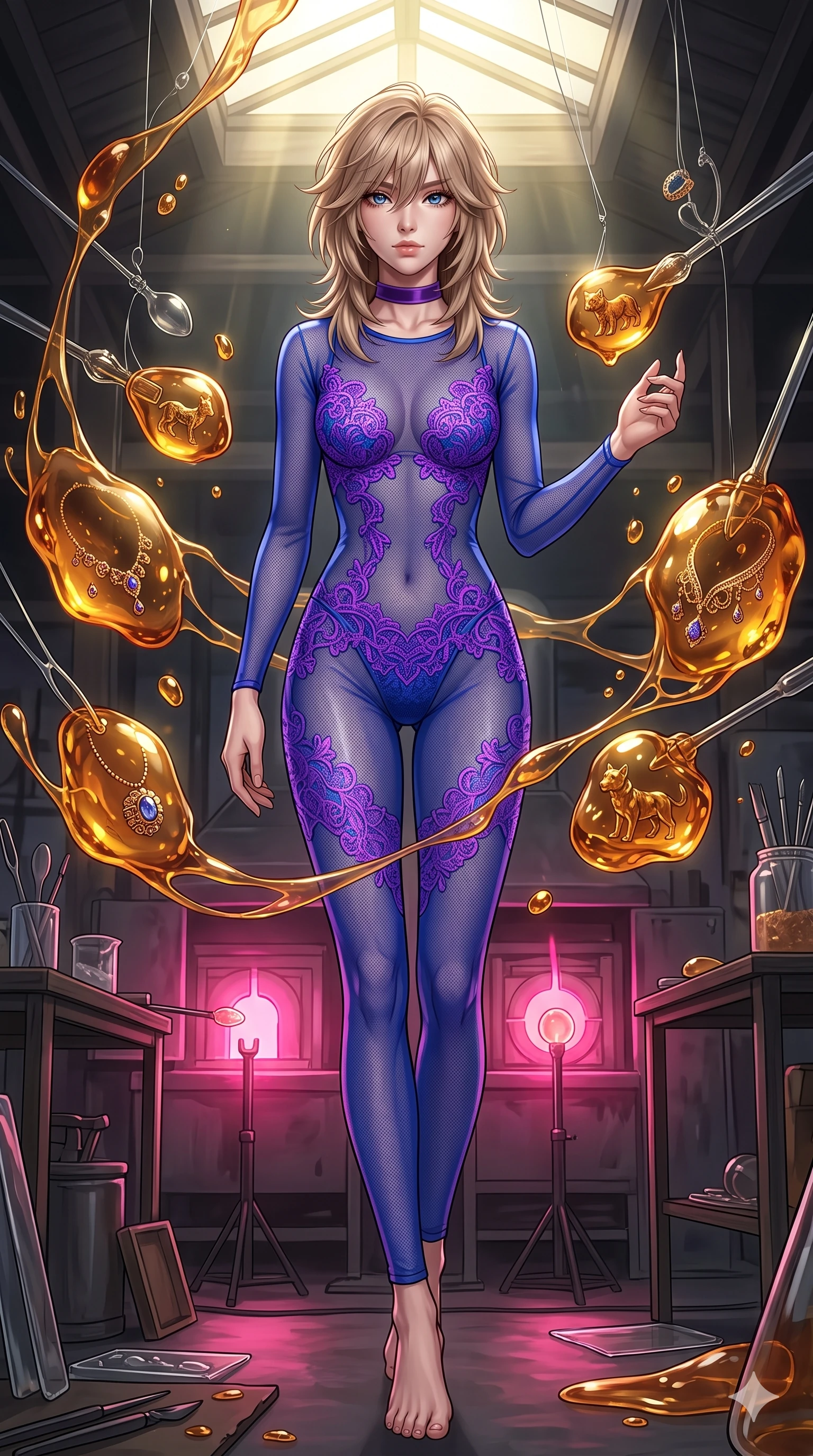 score_9, masterpiece, best quality, ultra-detailed, high-budget anime keyframe, editorial fashion photography, tasteful artistic composition, Japanese woman. low angle full-body shot from head to toe showing her feet, filling the entire 9:16 vertical frame with her statuesque presence, stretching her vertical silhouette. navigating with fluid motion through an artisan workshop where liquid amber is shaped mid-air by invisible hands into intricate jewelry and miniature sculptures each piece trapping golden light within its translucent honey-colored form. She has a statuesque 8.5-heads proportion, an exceptionally tall, slender and willowy model-like build with impossibly long legs and a highly sculpted ultra-slim waist. sharp v-shaped jawline, high-bridge nose, intricate jewel-like eyes with depth, thick eyelashes, glossy lips with a natural sheen. wearing a see-through mesh catsuit in royal blue, detailed with vibrant violet lace applique covering key areas and a matching velvet ribbon choker. dramatic contrast of hot pink furnace glow from below and cool golden light from above. 2k, ultra detail, master piece, 9:16 ratio