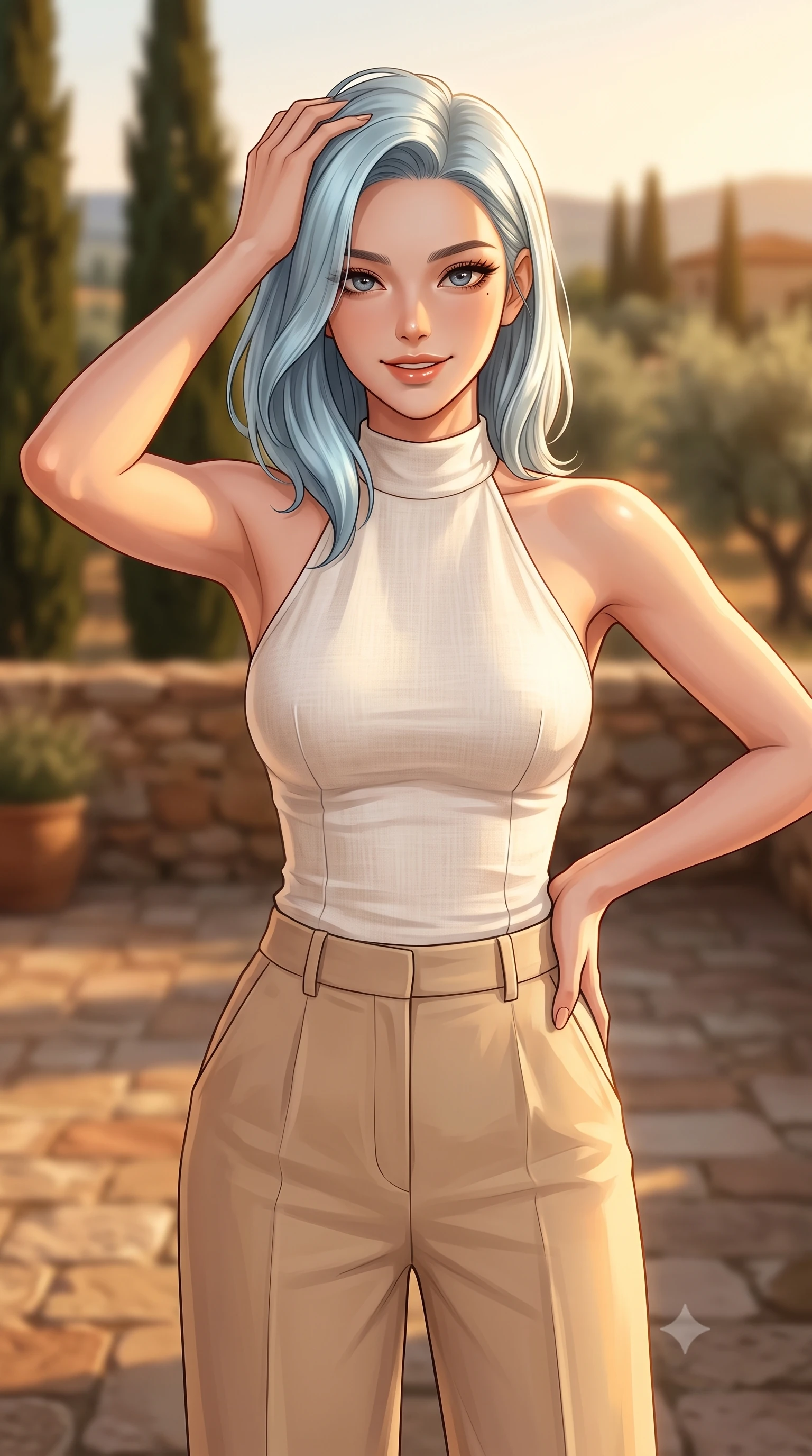 score_9, masterpiece, best quality, ultra-detailed, high-budget anime keyframe, editorial fashion photography, tasteful artistic composition, Korean woman woman. close-up cowboy shot from the waist and thighs up, the character dominates the composition, filling the frame with her large presence, background elements kept in soft focus. smiling with quiet, magnetic self-assurance directly into the camera, running a hand through her hair the background shows a soft-focus a rustic stone patio of a Tuscan villa surrounded by cypress trees and olive orchards. She has an exceptionally elegant, slender, and willowy female figure with an ultra-slim waist, a gracefully sculpted slender torso, and a refined silhouette. sharp v-shaped jawline, high-bridge nose, intricate jewel-like eyes with depth, thick eyelashes, glossy lips with a natural sheen. wearing a body-hugging tailored linen halter neck top in ivory white, paired with high-waisted beige wide-leg trousers. warm golden hour sunbeams bathing the stone structure in an amber wash. 2k, ultra detail, master piece, 9:16 ratio