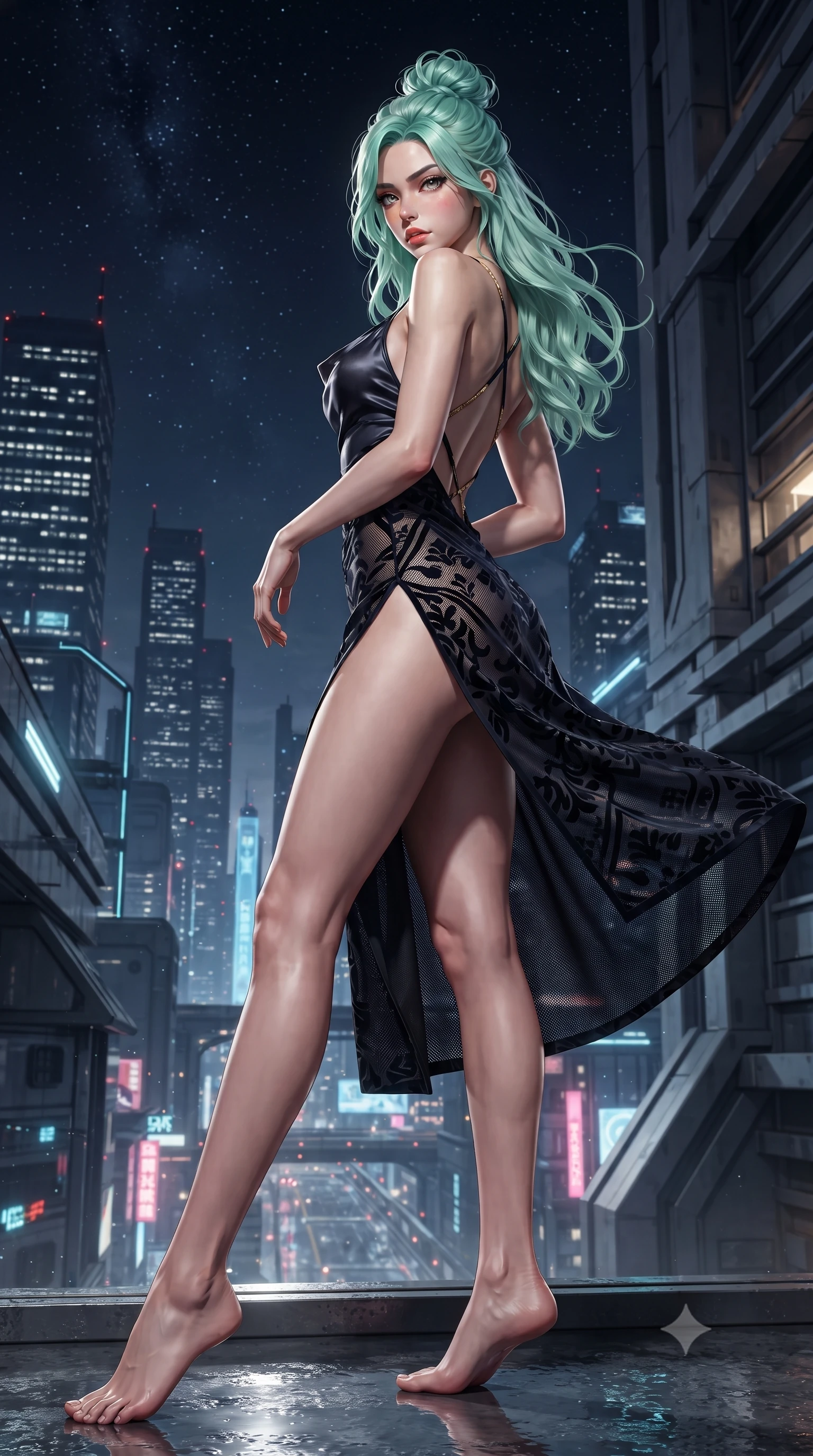 score_9, masterpiece, best quality, ultra-detailed, high-budget anime keyframe, editorial fashion photography, tasteful artistic composition, Japanese woman. low angle full-body shot from head to toe showing her feet, filling the entire 9:16 vertical frame with her statuesque presence, stretching her vertical silhouette. leaning deep against the structural architecture with hips cocked in an unapologetically bold, seductive high-fashion stance while executing an elegant mid-motion turn as night winds whip her high-slit dress, her statuesque vertical presence dominating the futuristic panorama. The surrounding environment is rendered in vivid detail and crisp panoramic clarity. detailed high-tech fabric sheen, LED circuit lines, and distant skyscraper window grids in high resolution. She has an exceptionally tall and slender model-like 8.5-heads proportion, an ultra-slim waist, a flat toned midriff, narrow delicate ribcage, and beautifully sculpted feminine hips creating a graceful, slim hourglass silhouette without any bulky heaviness, with impossibly long slender legs. sharp v-shaped jawline, high-bridge nose, intricate jewel-like eyes with depth, thick eyelashes, glossy parted lips with a natural sheen, intensely captivating and seductive bedroom-eyes expression, flawlessly proportioned anatomical accuracy, strict slender model proportions, natural body alignment, perfectly sculpted long slender limbs, ultra-slim waistline, clean dynamic posture without body distortion. wearing a backless cowl-neck satin slip dress featuring high-cut side hip slits and delicate criss-cross back straps in midnight obsidian black and liquid gold, made of sheer contouring power-mesh with velvet flocking patterns, finished with criss-cross back satin straps highlighting her graceful shoulder blades, the precision-cut side openings and low-back scoop framing her graceful spine and the sensual sweep of her slim, toned hips. illuminated by wet specular glass bounce lights sculpting her toned waistline, slender spine, and feminine hips. ultra-reflective glossy finish, specular highlights, rich textural contrasts, high-contrast stereoscopic depth, volumetric dynamic lighting, 2k, ultra detail, master piece, 9:16 ratio