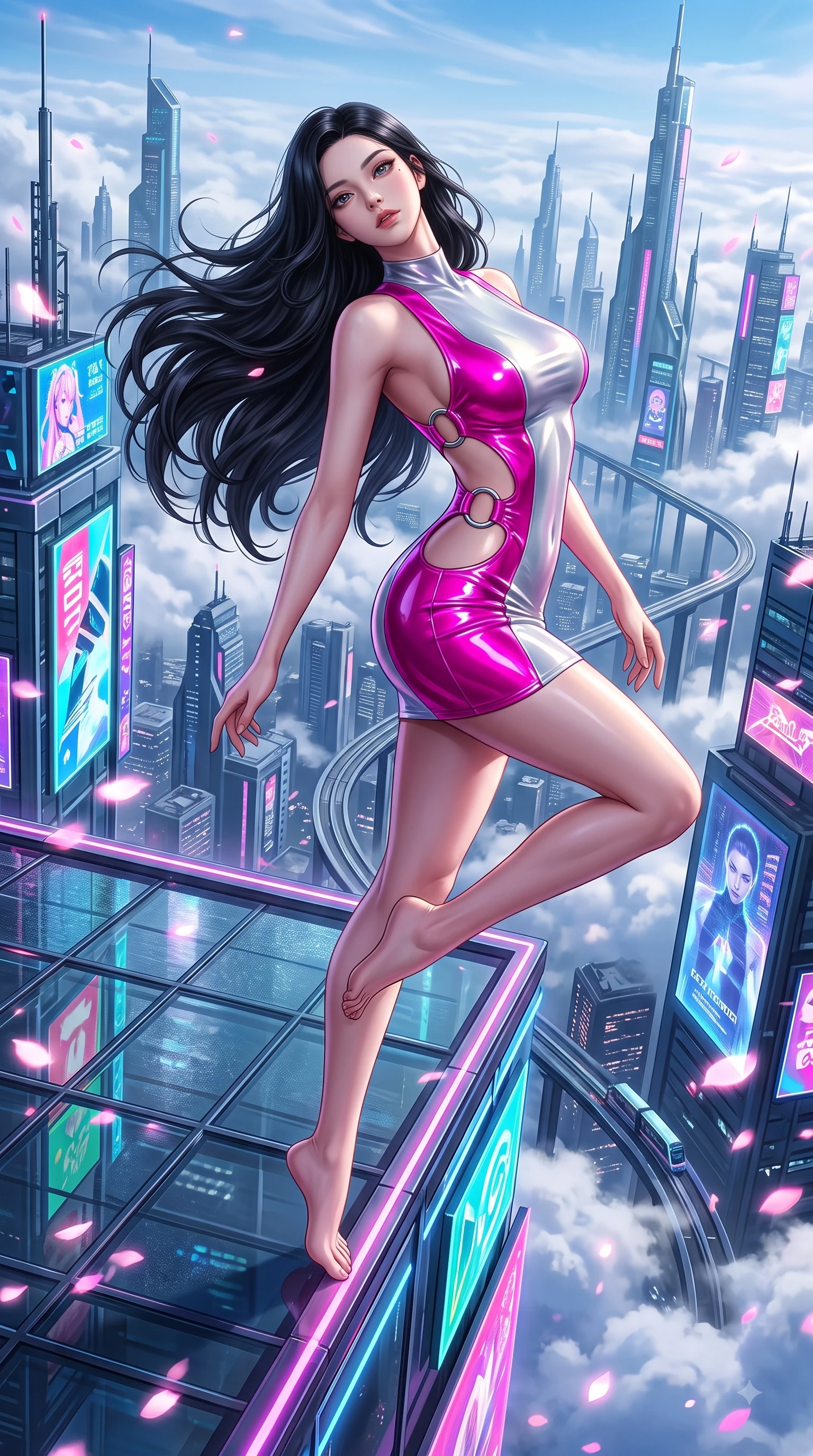 score_9, masterpiece, best quality, ultra-detailed, high-budget anime keyframe, semi-realistic 3D game render, editorial fashion photography, tasteful artistic composition, Korean woman. low angle full-body shot from head to toe showing her feet, filling the entire 9:16 vertical frame with her statuesque presence, stretching her vertical silhouette. arching her back in a fluid zero-gravity turn with sovereign grace, her long slender legs and sculpted torso creating a sweeping line while balancing with flawless poise on a neon-lit parapet high above the futuristic city clouds. The surrounding environment is rendered in vivid detail and crisp panoramic clarity. glistening glass rooftop tiles, sharp neon billboard reflections, and glowing sakura petal edges in deep focus. She has an absolutely perfect, statuesque 8.5-heads proportion, an exceptionally tall and slender model-like female figure with impossibly long slender legs and an ultra-slim waist. sharp v-shaped jawline, high-bridge nose, intricate jewel-like eyes with depth, thick eyelashes, glossy lips with a natural sheen, flawlessly proportioned anatomical accuracy, natural body alignment, perfectly sculpted elegant limbs, clean dynamic posture without body distortion. wearing a second-skin fashion-latex mini dress with a clean architectural front, featuring an open-back design that wraps around the sides of her waist, showcasing her slender silhouette in chromatic platinum and blazing neon magenta, formed from high-gloss patent material with specular light reflections, detailed with polished silver rings connecting the daring side-waist cutouts, the sleek aerodynamic cut emphasizing her magnetic presence and alluring physical grace. surrounded by a dizzying, windswept, and exhilarating high-altitude sensual aura. highly saturated vibrant anime colors, detailed shading with soft gradients, rich glossy textures, high-contrast stereoscopic depth, volumetric dynamic lighting, master piece, 9:16 ratio