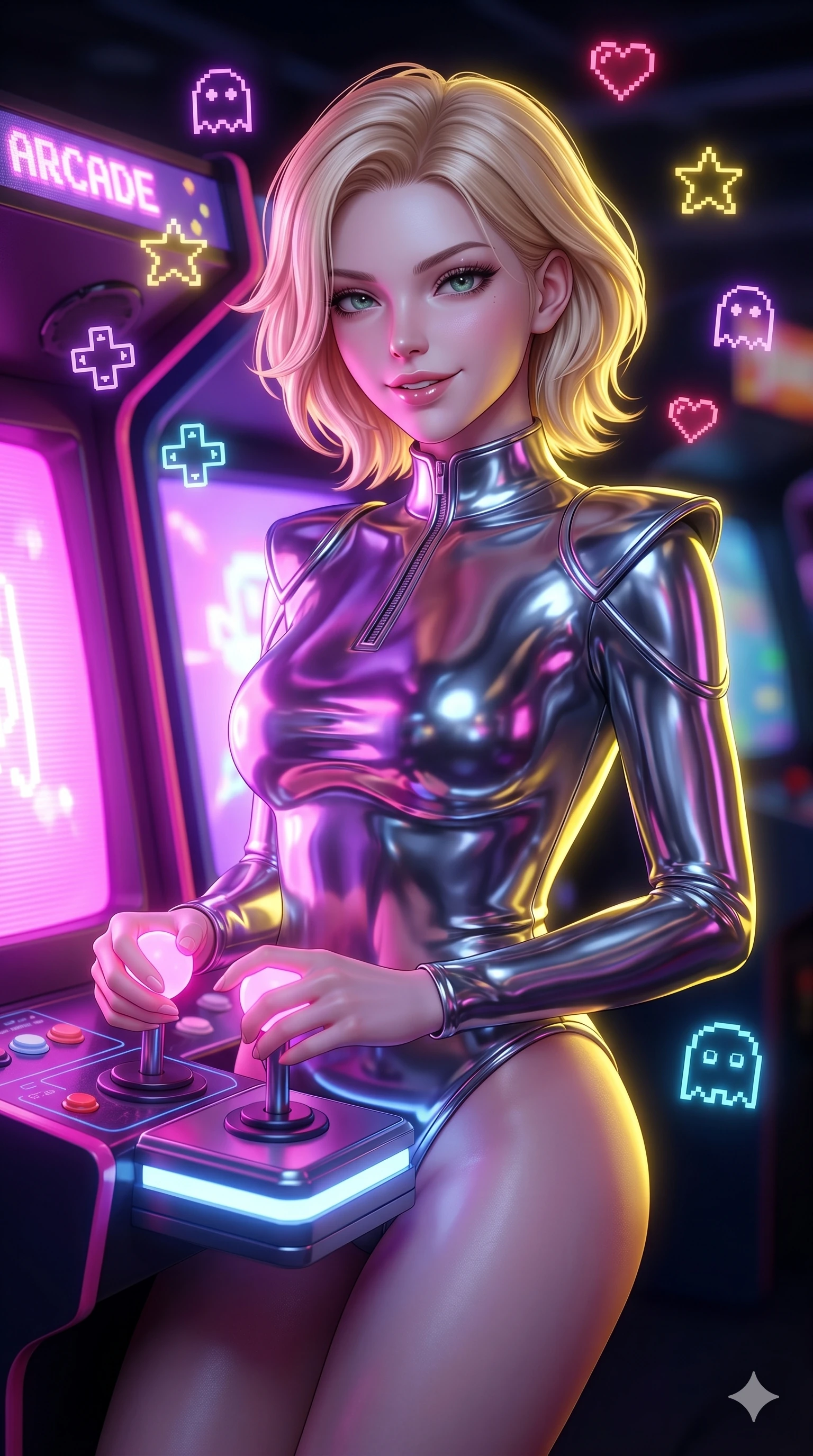 score_9, masterpiece, best quality, ultra-detailed, high-budget anime keyframe, semi-realistic 3D game render, Caucasian woman, strictly human ears. Upper body close-up from the thighs up, character filling the screen for maximum presence. She is leaning back against a glowing retro arcade cabinet, surrounded by floating pixelated neon icons. She holds a glowing joystick with a teasing, commanding smile. She has an absolutely perfect 8-heads proportion, a tall and elegant figure with a refined silhouette and a defined waistline. V-shaped jawline, high-bridge nose, intricate jewel-like eyes with depth, thick eyelashes, glossy lips with a natural sheen. She is wearing a sleek tailored top in liquid-chrome finish that complements her silhouette, styled with sophisticated architectural shoulder accents and a modern zip collar. The scene is illuminated by bright pink and violet neon screen glare and a sharp yellow ambient rim light. 2k, ultra detail, master piece, 9:16 ratio