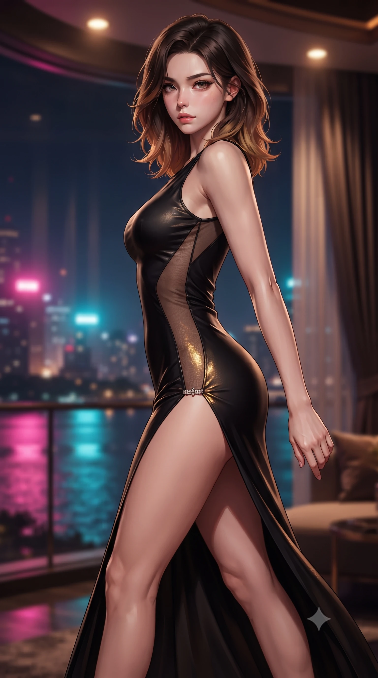 score_9, masterpiece, best quality, ultra-detailed, high-budget anime keyframe, editorial fashion photography, tasteful artistic composition, Korean woman. close-up cowboy shot from the waist and thighs up, the character dominates the composition, filling the frame with her large presence. twisting her slender torso in a deep contrapposto stance, hips dramatically shifted to accentuate her feminine curves while looking past her shoulder with smoldering bedroom-eyes while striding across the penthouse balcony as river breezes whip her high-slit dress open, accentuating her long slender legs and curvy hips. The composition keeps background elements in soft focus with creamy bokeh. curved art deco glass windows and heavy velvet drapes softened in glamorous cinematic shallow focus. She has an exceptionally elegant, slender, and willowy female figure with an ultra-slim waist, flat toned midriff, narrow ribcage, and sculpted feminine hips creating an alluring, slim hourglass silhouette without bulk. sharp v-shaped jawline, high-bridge nose, intricate jewel-like eyes with depth, thick eyelashes, glossy parted lips with a natural sheen, intensely captivating and seductive bedroom-eyes expression, flawlessly proportioned anatomical accuracy, strict slender model proportions, natural body alignment, perfectly sculpted long slender limbs, ultra-slim waistline, clean dynamic posture without body distortion. wearing a second-skin black silk jersey maxi dress with asymmetrical sheer mesh side panels tracing the full curve of her hip in dark espresso brown and molten gold foil, crafted from luxurious metallic lamé that shifts radiance with every step, finished with an ultra-high side slit secured by miniature jeweled clasps, the liquid-tight tailored fabric clinging flawlessly to her narrow waist and rounded feminine hips, emphasizing every millimeter of her sculpted slim hourglass curves without any bulky heaviness. bathed in vibrant magenta and electric cyan river skyline reflections contrasting with warm amber interior downlights. ultra-reflective glossy finish, specular highlights, rich textural contrasts, high-contrast stereoscopic depth, volumetric dynamic lighting, 2k, ultra detail, master piece, 9:16 ratio