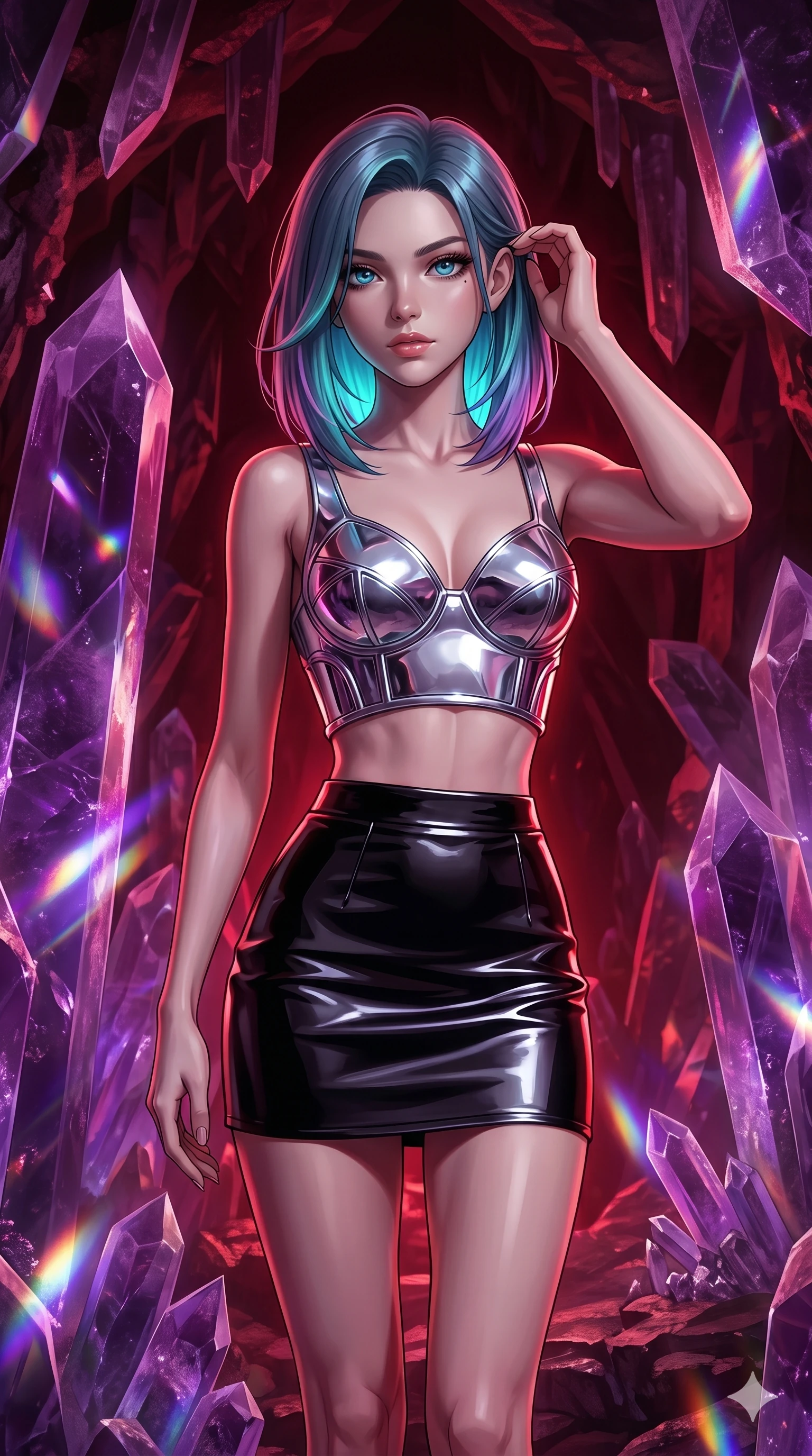 score_9, masterpiece, best quality, ultra-detailed, high-budget anime keyframe, editorial fashion photography, tasteful artistic composition, Caucasian woman, strictly human ears. cowboy shot from the thighs up, character and outfit filling the frame for maximum editorial presence. Lifting one hand to gently tuck hair behind her ear mid-frame inside a crystalline geode cavern lined with towering amethyst spires casting violet prismatic light. She has an absolutely perfect 8-heads proportion, an exceptionally tall and slender female figure with impossibly long slender legs and an ultra-slim waist. V-shaped jawline, high-bridge nose, intricate jewel-like eyes with depth, thick eyelashes, glossy lips with a natural sheen. wearing a sculptural chrome-plated structured crop top with molded geometric cups and architectural side boning, paired with a high-waist black gloss leather mini skirt to mid-thigh. drenched in deep crimson theatrical lighting with sharp specular highlights on every curve. 2k, ultra detail, master piece, 9:16 ratio