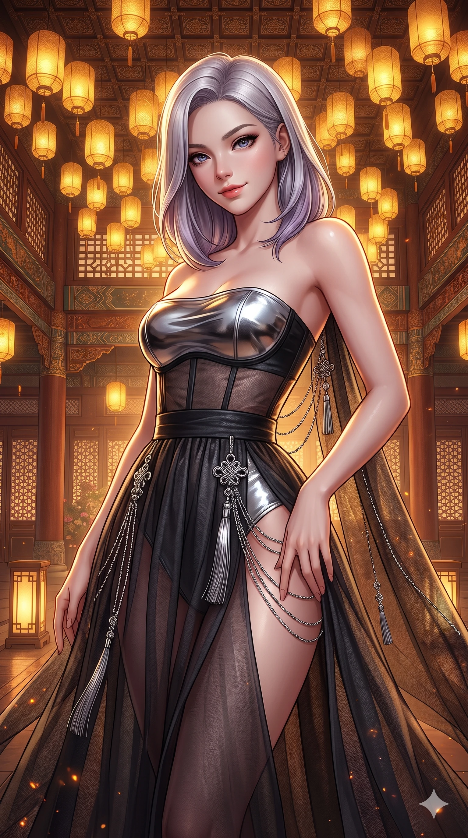 score_9, masterpiece, best quality, ultra-detailed, high-budget anime keyframe, semi-realistic 3D game render, editorial fashion photography, tasteful artistic composition, Caucasian woman. close-up cowboy shot from the waist and thighs up, the character dominates the composition, filling the frame with her large presence. tilting her head with a teasing half-smile, running one hand slowly down the side of her hip in a flirtatious S-curve as ambient light caresses her silhouette while standing poised in the center of the grand banquet hall beneath a sea of floating gold silk lanterns, arching her back with breathtaking elegance. The surrounding environment is rendered in vivid detail and crisp panoramic clarity: detailed modern strapless hanbok bustier tailoring, norigae tassel knotting, and imperial palace architecture in razor-sharp precision. She has an exceptionally elegant, slender, and willowy female figure with an ultra-slim waist, flat toned midriff, narrow ribcage, and sculpted feminine hips creating an alluring, slim hourglass silhouette without bulk. sharp v-shaped jawline, high-bridge nose, sparkling eyes with hypnotic seductive depth, thick curled eyelashes, glossy parted lips with a natural dewy peach sheen, alluring bedroom-eyes with an enchanting coquettish smile, exuding magnetic siren charisma and sophisticated glamour, flawlessly proportioned anatomical accuracy, strict slender model proportions, natural body alignment, perfectly sculpted long slender limbs, ultra-slim waistline, clean dynamic posture without body distortion. wearing a delicately layered semi-sheer gossamer nobang hanbok slip dress revealing her sculpted silhouette over an opaque micro-bandeau and briefs in liquid mercury chrome and deep ink black, woven from bespoke Korean ramie fabric with crisp tactile slub texture, accented with an open-back drape framed by falling strands of delicate chrome chains, the liquid-tight tailored fabric clinging flawlessly to her narrow waist and rounded feminine hips, emphasizing every millimeter of her sculpted slim hourglass curves without any bulky heaviness. bathed in the warm, glorious amber glow of hundreds of floating silk lanterns casting flattering dimensional illumination. highly saturated vibrant anime colors, detailed shading with soft gradients, rich glossy textures, high-contrast stereoscopic depth, volumetric dynamic lighting, master piece, 9:16 ratio