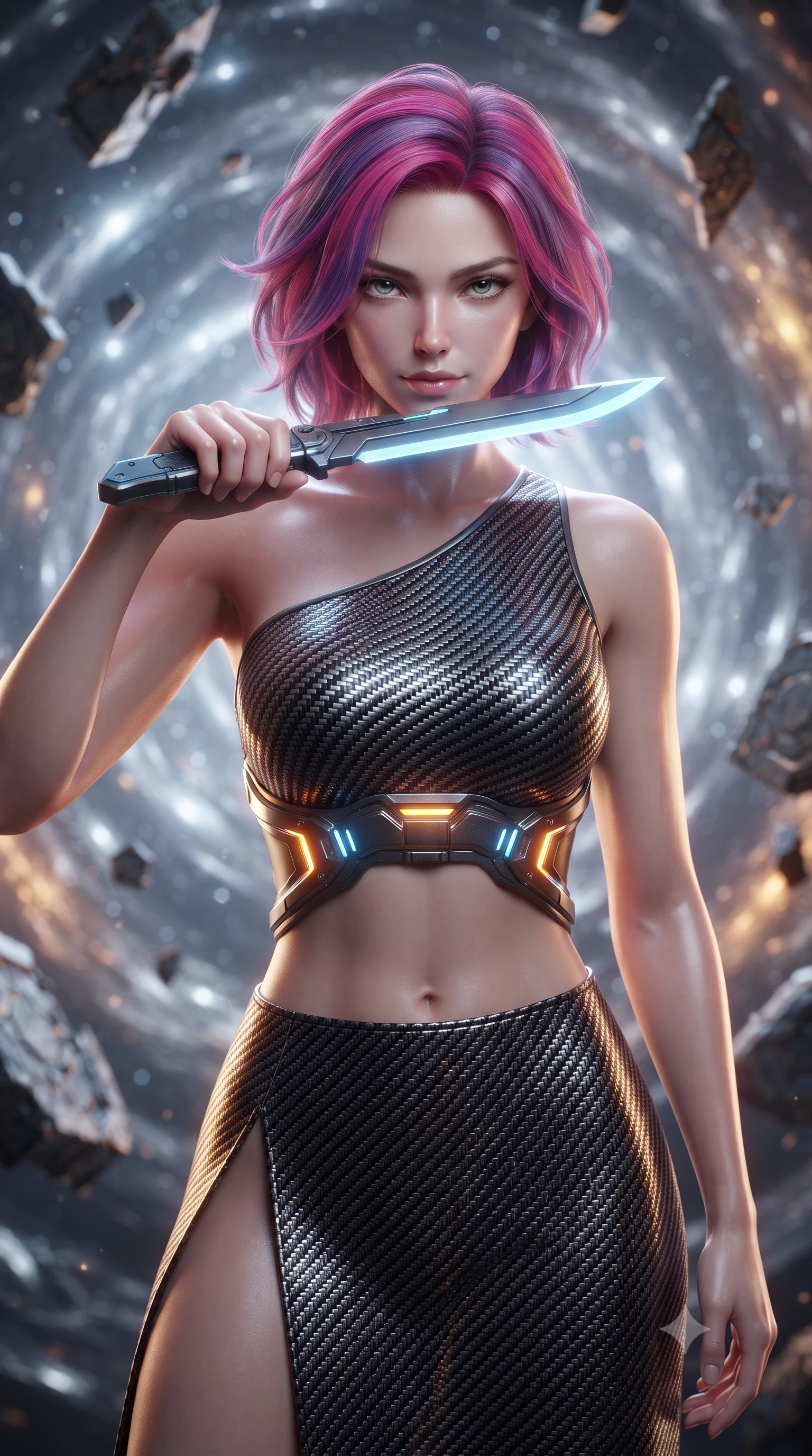 score_9, masterpiece, best quality, ultra-detailed, high-budget anime keyframe, editorial fashion photography, tasteful artistic composition, Caucasian woman. close-up cowboy shot from the waist and thighs up, the character dominates the composition, filling the frame with her large presence, background elements kept in soft focus. pressing the flat side of a glowing vibro-blade against her cheek, locking eyes with the viewer with bedroom-eyes, the background shows a soft-focus a temporal rift corridor filled with floating relics from ancient space empires. She has an exceptionally elegant, slender, and willowy female figure with an ultra-slim waist, a gracefully sculpted slender torso, and a refined silhouette. sharp v-shaped jawline, high-bridge nose, intricate jewel-like eyes with depth, thick eyelashes, glossy lips with a natural sheen. wearing a form-contouring asymmetric one-shoulder crop top in carbon knit, paired with a high-slit combat skirt. cool silver starlight clashing with amber stasis energy fields from the rift. ultra-reflective glossy finish, specular highlights, metallic sheen, high-contrast stereoscopic depth, volumetric dynamic lighting, 2k, ultra detail, master piece, 9:16 ratio