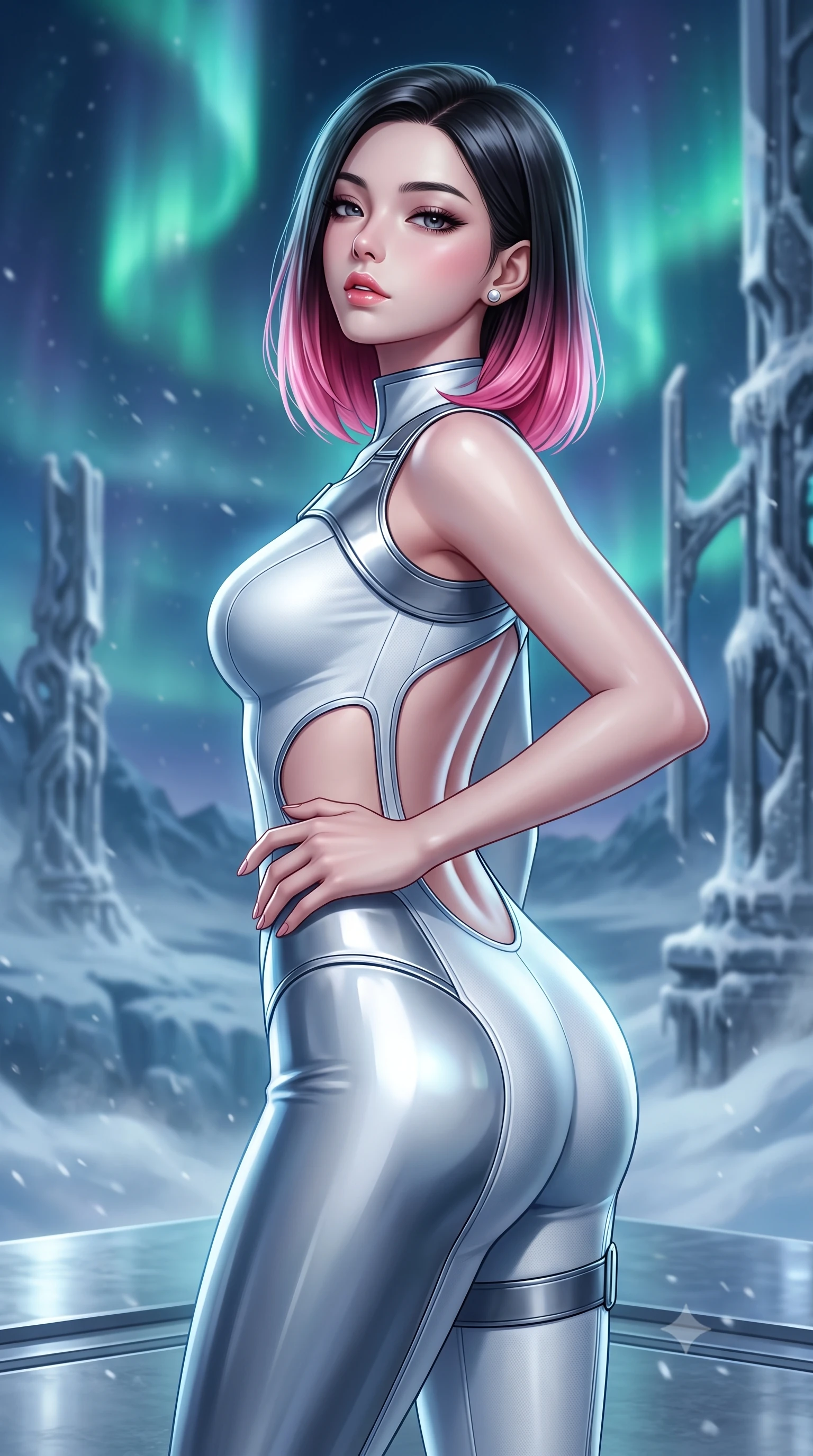 score_9, masterpiece, best quality, ultra-detailed, high-budget anime keyframe, semi-realistic 3D game render, editorial fashion photography, tasteful artistic composition, Korean woman. close-up cowboy shot from the waist and thighs up, the character dominates the composition, filling the frame with her large presence. tilting her chin up with proud, sovereign allure while gazing through thick eyelashes, one hand resting on her waist in pure supermodel charisma while standing poised on a polished titanium altar overlooking midnight glaciers, twisting her torso to look back with fierce, intoxicating allure as auroras dance overhead. The composition keeps background elements in soft focus with creamy bokeh. frosted titanium temple pylons and swirling snow haze softened in dramatic cinematic depth. She has an exceptionally elegant, slender, and willowy female figure with an ultra-slim waist, a gracefully sculpted slender torso, toned flat midriff, and rounded feminine hips creating an alluring hourglass silhouette. sharp v-shaped jawline, high-bridge nose, intricate jewel-like eyes with depth, thick eyelashes, glossy parted lips with a natural sheen, intensely captivating and seductive bedroom-eyes expression, flawlessly proportioned anatomical accuracy, strict slender model proportions, natural body alignment, perfectly sculpted long slender limbs, ultra-slim waistline, clean dynamic posture without body distortion. wearing a sharp sleeveless tactical catsuit with an asymmetric shoulder holster and high collar in polished chrome silver and arctic glacier white, made of compression knit fabric sculpting her athletic hourglass lines, accessorized with a sleek concealed garter holster and pearl ear transmitter, the precision-cut side openings and low-back scoop framing her graceful spine and the sensual sweep of her hips. illuminated by crisp metallic specular reflections sharply defining her sculpted waist, bare spine, and curvy hips. highly saturated vibrant anime colors, detailed shading with soft gradients, rich glossy textures, high-contrast stereoscopic depth, volumetric dynamic lighting, master piece, 9:16 ratio
