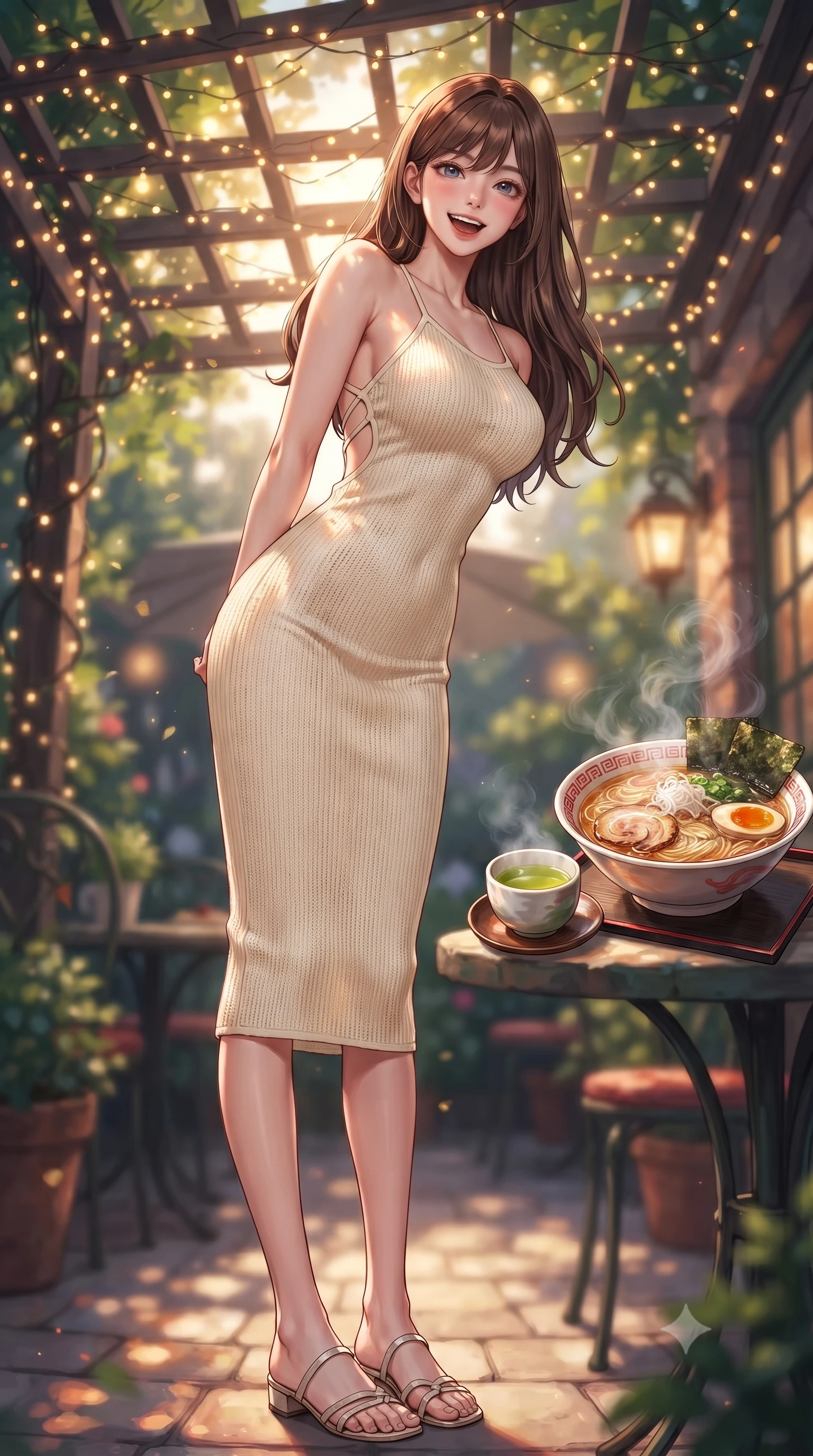 score_9, masterpiece, best quality, ultra-detailed, high-budget anime keyframe, editorial fashion photography, tasteful artistic composition, Korean woman. low angle full-body shot from head to toe showing her feet, filling the entire 9:16 vertical frame with her statuesque presence, stretching her vertical silhouette. standing with a cute, bright pose, tilting her head with a beaming smile set against a soft-focus background of at an outdoor garden table of a cozy Italian bistro decorated with fairy lights with a steaming bowl of ramen and a small cup of hot green tea nearby. She has an absolutely perfect, statuesque 8.5-heads proportion, an exceptionally tall and slender model-like female figure with impossibly long slender legs and an ultra-slim waist. sharp v-shaped jawline, high-bridge nose, intricate jewel-like eyes with depth, thick eyelashes, glossy lips with a natural sheen. wearing slim-fit body-hugging knit midi dress with a tasteful open-back design and thin straps. dappled sunlight filtering through the outdoor trellis onto her shoulders. highly saturated vibrant anime colors, detailed shading with soft gradients, rich glossy textures, high-contrast stereoscopic depth, volumetric dynamic lighting, master piece, 9:16 ratio