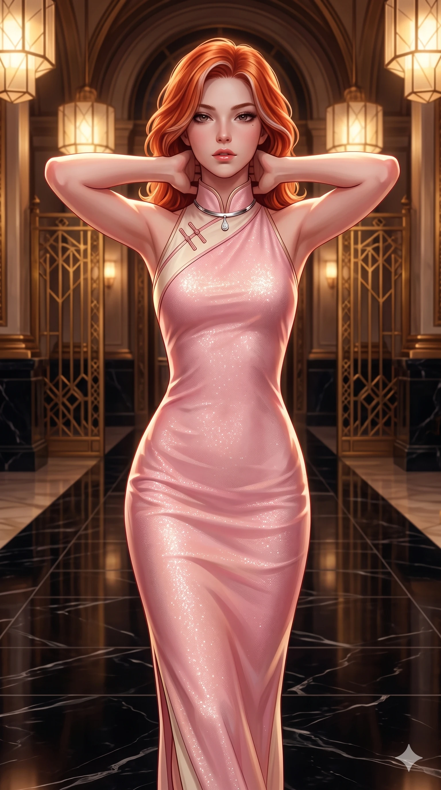 score_9, masterpiece, best quality, ultra-detailed, high-budget anime keyframe, semi-realistic 3D game render, editorial fashion photography, tasteful artistic composition, Caucasian woman. close-up cowboy shot from the waist and thighs up, the character dominates the composition, filling the frame with her large presence. resting both hands lightly behind her neck with elbows raised, arching her spine to highlight her narrow waist, flat midriff, and breathtaking collarbones while walking slowly down the polished black marble ballroom aisle with hypnotic grace, hips swaying in an alluring sensual rhythm that accentuates her curvy hourglass silhouette. The surrounding environment is rendered in vivid detail and crisp panoramic clarity: detailed high-Mandarin wrap dress tailoring, metallic lamé fabric sheen, and historic grand touring salon architecture in razor-sharp precision. She has an exceptionally elegant, slender, and willowy female figure with an ultra-slim waist, flat toned midriff, narrow ribcage, and sculpted feminine hips creating an alluring, slim hourglass silhouette without bulk. sharp v-shaped jawline, high-bridge nose, intricate jewel-like sparkling eyes with depth, thick eyelashes, glossy parted lips with a natural sheen, intensely captivating and seductive bedroom-eyes expression, exuding both youthful cute charm and sovereign luxury allure, flawlessly proportioned anatomical accuracy, strict slender model proportions, natural body alignment, perfectly sculpted long slender limbs, ultra-slim waistline, clean dynamic posture without body distortion. wearing a body-contouring metallic lurex knit column dress casting radiant starlight shimmer across her flat midriff in sakura blossom pink and warm ivory, tailored from heavy double-faced silk georgette with an exceptionally fluid drape, finished with a minimalist chrome choker and a single teardrop diamond pendant, the impeccably tailored cut draping gracefully along her slender figure with aristocratic poise. bathed in the majestic, warm 2600K amber glow of geometric Lalique glass fixtures filtering through brass lattices. highly saturated vibrant anime colors, detailed shading with soft gradients, rich glossy textures, high-contrast stereoscopic depth, volumetric dynamic lighting, master piece, 9:16 ratio