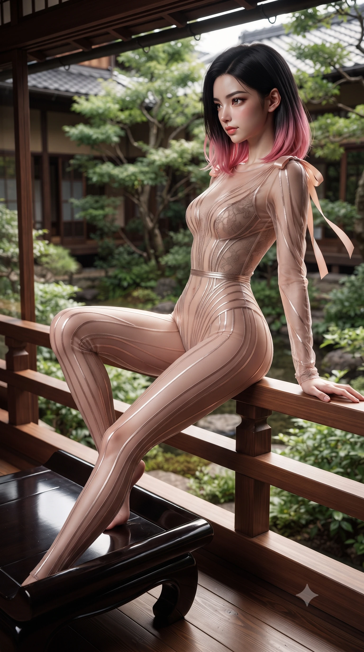 score_9, masterpiece, best quality, ultra-detailed, high-budget anime keyframe, editorial fashion photography, tasteful artistic composition, Korean woman. close-up cowboy shot from the waist and thighs up, the character dominates the composition, filling the frame with her large presence. perched sideways on the lounge seat, one knee drawn up to showcase her slender leg line while her arched back accentuates her feminine hip curve while leaning against the low lacquered wooden veranda railing with hips cocked back, looking into the private inner courtyard with smoldering bedroom-eyes. The surrounding environment is rendered in vivid detail and crisp panoramic clarity: detailed sheer noir illusion mesh kimono dress embroidery, delicate sash ribbons, and Japanese artisanal woodworking in high resolution. She has an exceptionally elegant, slender, and willowy female figure with an ultra-slim waist, flat toned midriff, narrow ribcage, and sculpted feminine hips creating an alluring, slim hourglass silhouette without bulk. sharp v-shaped jawline, high-bridge nose, intricate jewel-like sparkling eyes with depth, thick eyelashes, glossy parted lips with a natural peach sheen, bright cheerful beaming smile with an enchanting and coquettish sensual glint, exuding both youthful cute charm and seductive allure, flawlessly proportioned anatomical accuracy, strict slender model proportions, natural body alignment, perfectly sculpted long slender limbs, ultra-slim waistline, clean dynamic posture without body distortion. wearing a form-fitting sheer illusion bodysuit with liquid metallic stripes tracing her long slender leg lines in Bel Air sunset rose gold and dewy alabaster, crafted from translucent silk organza with an ethereal crystalline sheen, finished with satin ribbon ties at the shoulders fluttering in the gentle breeze, the liquid-tight tailored fabric clinging flawlessly to her narrow waist and rounded feminine hips, emphasizing every millimeter of her sculpted slim hourglass curves without any bulky heaviness. illuminated by black lacquer reflection fill and sharp champagne-gold rim lights defining her dewy collarbones, ultra-slim waist, and curvy hips. ultra-reflective glossy finish, specular highlights, rich textural contrasts, high-contrast stereoscopic depth, volumetric dynamic lighting, 2k, ultra detail, master piece, 9:16 ratio