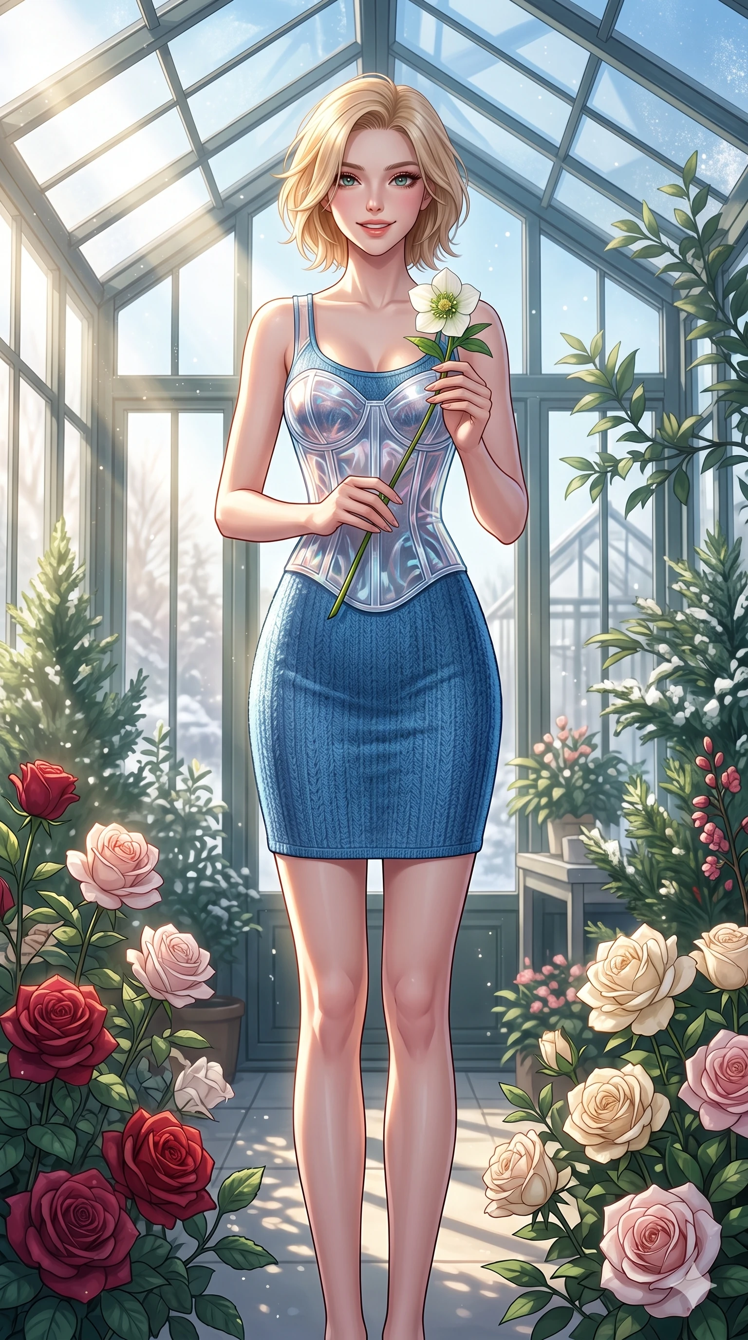 score_9, masterpiece, best quality, ultra-detailed, high-budget anime keyframe, vibrant anime aesthetic, Caucasian woman, strictly human ears. cowboy shot from the thighs up, character and outfit filling the frame for maximum presence. She is holding a winter flower, smiling warmly under the bright winter sunbeams inside a conservatory room with blooming winter roses (Code-P21-151). She has an absolutely perfect 8-heads proportion, an exceptionally tall and slender female figure with impossibly long slender legs and an ultra-slim waist. V-shaped jawline, high-bridge nose, intricate jewel-like eyes with depth, thick eyelashes, glossy lips with a natural sheen. wearing a translucent gloss-finish structured bodice over a blue textured knit slip dress in winter. She is lit from the side by bright winter sun rays, tracing the contours of her body in the morning. 2k, ultra detail, master piece, 9:16 ratio