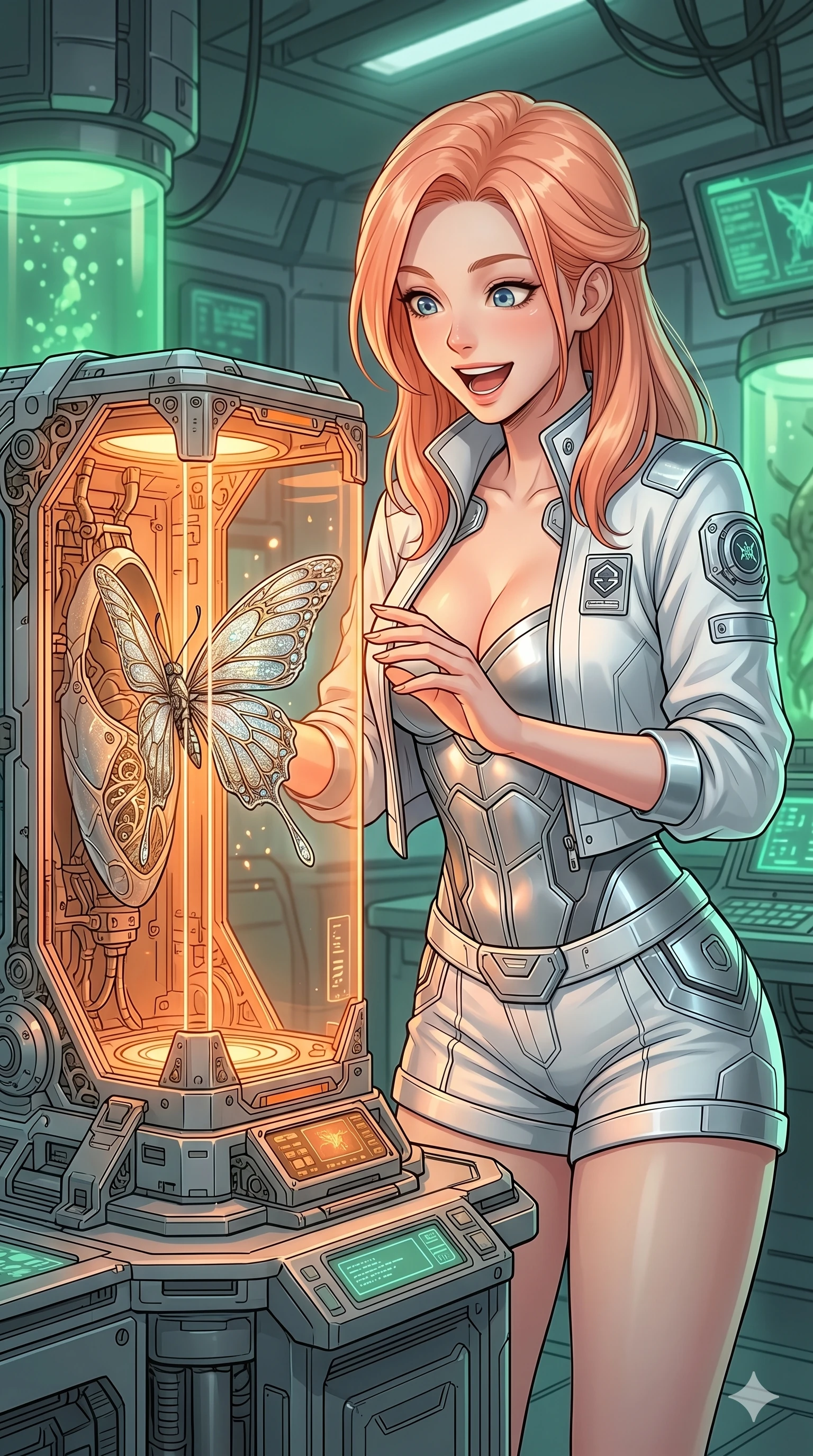 score_9, masterpiece, best quality, ultra-detailed, high-budget anime keyframe, Japanese woman. Upper body close-up from the thighs up, character filling the screen for maximum presence. Standing next to a robotic butterfly incubator, watching a new butterfly hatch with a happy, excited expression. She is wearing a cropped lab jacket over a structured silver bodice and shorts. The scene is lit by the warm orange incubator lights and soft green ambient light. 2k, ultra detail, master piece, 9:16 ratio