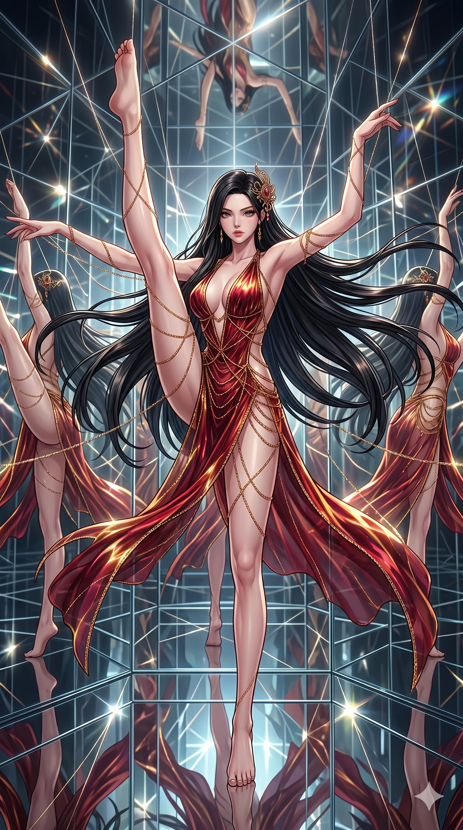 score_9, masterpiece, best quality, ultra-detailed, High-budget Anime Keyframe, East Asian woman. Dynamic full-body shot stretching the vertical silhouette to the limit. Scenario 136: Suspended by invisible silk threads in a hall of mirrors. Her presence is magnetic and overpowering in this high-budget anime scene. Outfit 136: A molten liquid silk mesh with a plunging V-neckline and fine gold chains. The clothing is designed to emphasize her exceptionally tall and slender 8-heads proportion. 8-heads proportion, towering silhouette, ultra-slim waist. sharp v-shaped jawline, intricate jewel-like eyes with depth, thick eyelashes, glossy lips. 2k, ultra detail, master piece, 9:16 ratio