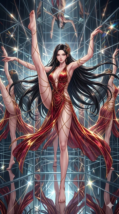 score_9, masterpiece, best quality, ultra-detailed, High-budget Anime Keyframe, East Asian woman. Dynamic full-body shot stretching the vertical silhouette to the limit. Scenario 136: Suspended by invisible silk threads in a hall of mirrors. Her pres