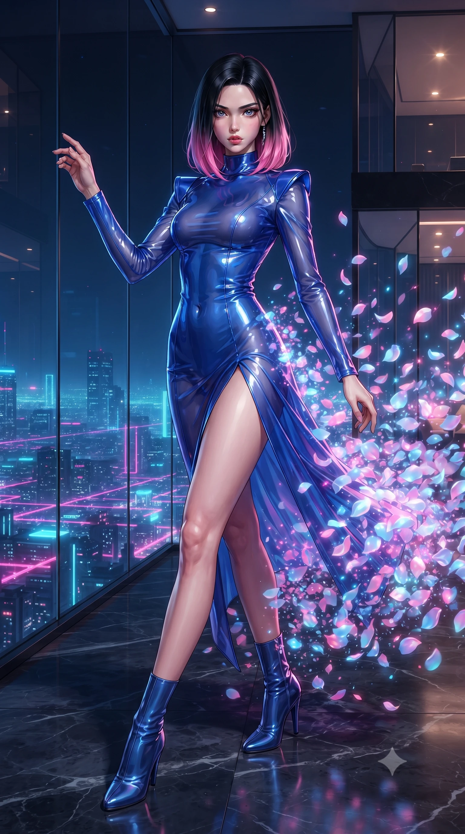score_9, masterpiece, best quality, ultra-detailed, High-budget Anime Keyframe, editorial fashion photography, tasteful artistic composition, realistic cosplay photography, East Asian woman. Dynamic full-body shot stretching the vertical silhouette to the limit. Scenario 422: dissolving into a cloud of iridescent silk petals inside a luxury penthouse with floor-to-ceiling glass walls overlooking a neon grid. Her presence is magnetic and overpowering in this high-budget cinematic scene. Outfit 422: a body-hugging cobalt blue translucent PVC catsuit featuring a high-slit skirt and structured shoulders. The clothing is designed to emphasize her exceptionally tall and slender 8-heads proportion. 8-heads proportion, towering silhouette, ultra-slim waist. sharp v-shaped jawline, intricate jewel-like eyes with depth, thick eyelashes, glossy lips. ultra-reflective glossy finish, specular highlights, metallic sheen, high-contrast stereoscopic depth, volumetric dynamic lighting, 2k, ultra detail, master piece, 9:16 ratio