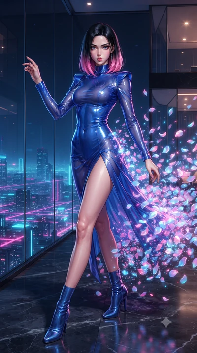 score_9, masterpiece, best quality, ultra-detailed, High-budget Anime Keyframe, editorial fashion photography, tasteful artistic composition, realistic cosplay photography, East Asian woman. Dynamic full-body shot stretching the vertical silhouette t
