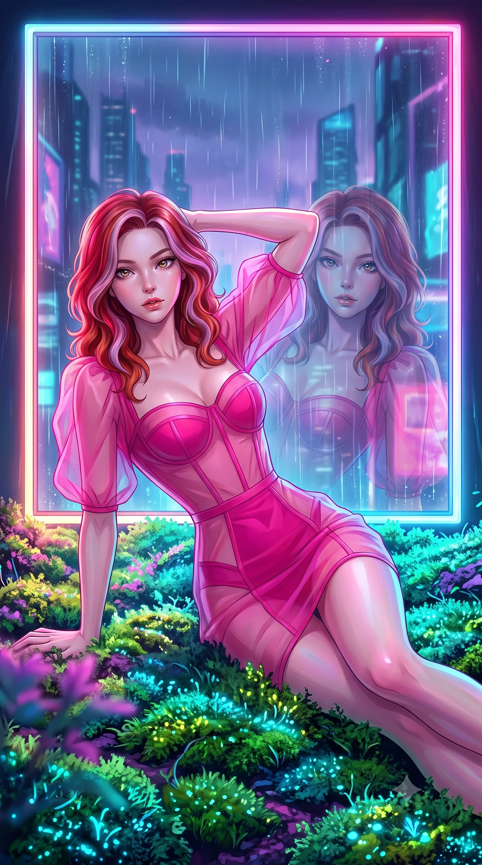 score_9, masterpiece, best quality, ultra-detailed, High-budget Anime Keyframe, Caucasian woman, strictly human ears. Dynamic full-body shot stretching the vertical silhouette to the limit. Scenario 461: lying gracefully on a bed of bioluminescent moss inside a glowing neon window at twilight with soft rain falling. Her presence is magnetic and overpowering in this high-budget anime scene. Outfit 461: a tailored hot pink sheer organza corset dress with sheer sleeves and opaque panels. The clothing is designed to emphasize her exceptionally tall and slender 8-heads proportion. 8-heads proportion, towering silhouette, ultra-slim waist. sharp v-shaped jawline, intricate jewel-like eyes with depth, thick eyelashes, glossy lips. 2k, ultra detail, master piece, 9:16 ratio