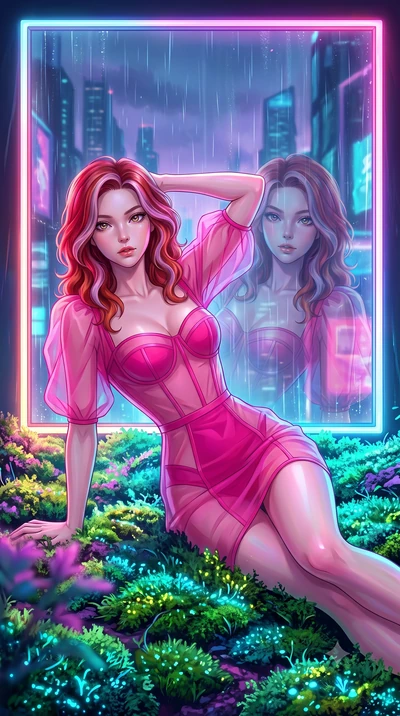 score_9, masterpiece, best quality, ultra-detailed, High-budget Anime Keyframe, Caucasian woman, strictly human ears. Dynamic full-body shot stretching the vertical silhouette to the limit. Scenario 461: lying gracefully on a bed of bioluminescent mo