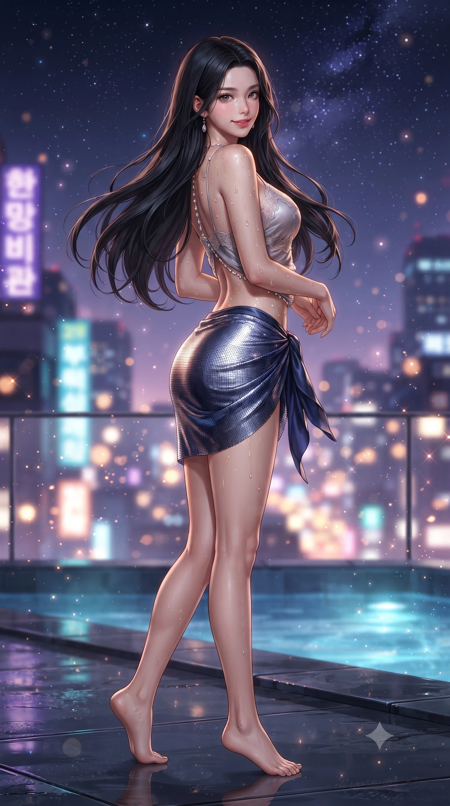 score_9, masterpiece, best quality, ultra-detailed, high-budget anime keyframe, editorial fashion photography, tasteful artistic composition, Korean woman. low angle full-body shot from head to toe showing her feet, filling the entire 9:16 vertical frame with her statuesque presence, stretching her vertical silhouette. executing a slow, graceful pivot turn as her silk gown sways around her slender legs, glancing back with an enchanting, teasing sensual expression while twisting her slender torso in an alluring contrapposto stance, warm water droplets beading across her sculpted shoulders and flat midriff. The background shows a soft-focus the sparkling tapestry of metropolitan city lights, neon signage, and starry night sky blurred into violet, amber, and aquamarine bokeh. She has an absolutely perfect, statuesque 8.5-heads proportion, an exceptionally tall and slender model-like female figure with impossibly long slender legs, an ultra-slim waist, a flat toned midriff, narrow delicate ribcage, and beautifully sculpted feminine hips creating a graceful, slim hourglass silhouette without any bulky heaviness. sharp v-shaped jawline, high-bridge nose, sparkling eyes with hypnotic seductive depth, thick curled eyelashes, glossy parted lips with a natural dewy peach sheen, alluring bedroom-eyes with an enchanting coquettish smile, exuding magnetic siren charisma and sophisticated high-fashion glamour, flawlessly proportioned anatomical accuracy, strict slender model proportions, natural body alignment, perfectly sculpted long slender limbs, ultra-slim waistline, clean dynamic posture without body distortion. wearing a delicate lace-trimmed silk camisole paired with a draped satin wrap sarong mini skirt in molten liquid silver and deep sapphire navy, crafted from shimmering fluid chainmail mesh reflecting ambient candlelight, accented with a pearl-drop body harness subtly framing her dewy collarbones and spine, the liquid-tight tailored fabric clinging flawlessly to her narrow waist and rounded feminine hips, emphasizing every millimeter of her sculpted slim hourglass curves without any bulky heaviness. bathed in warm underwater tub LED glow combined with celestial starry night ambient fill. ultra-reflective glossy finish, specular highlights, rich textural contrasts, high-contrast stereoscopic depth, volumetric dynamic lighting, 2k, ultra detail, master piece, 9:16 ratio