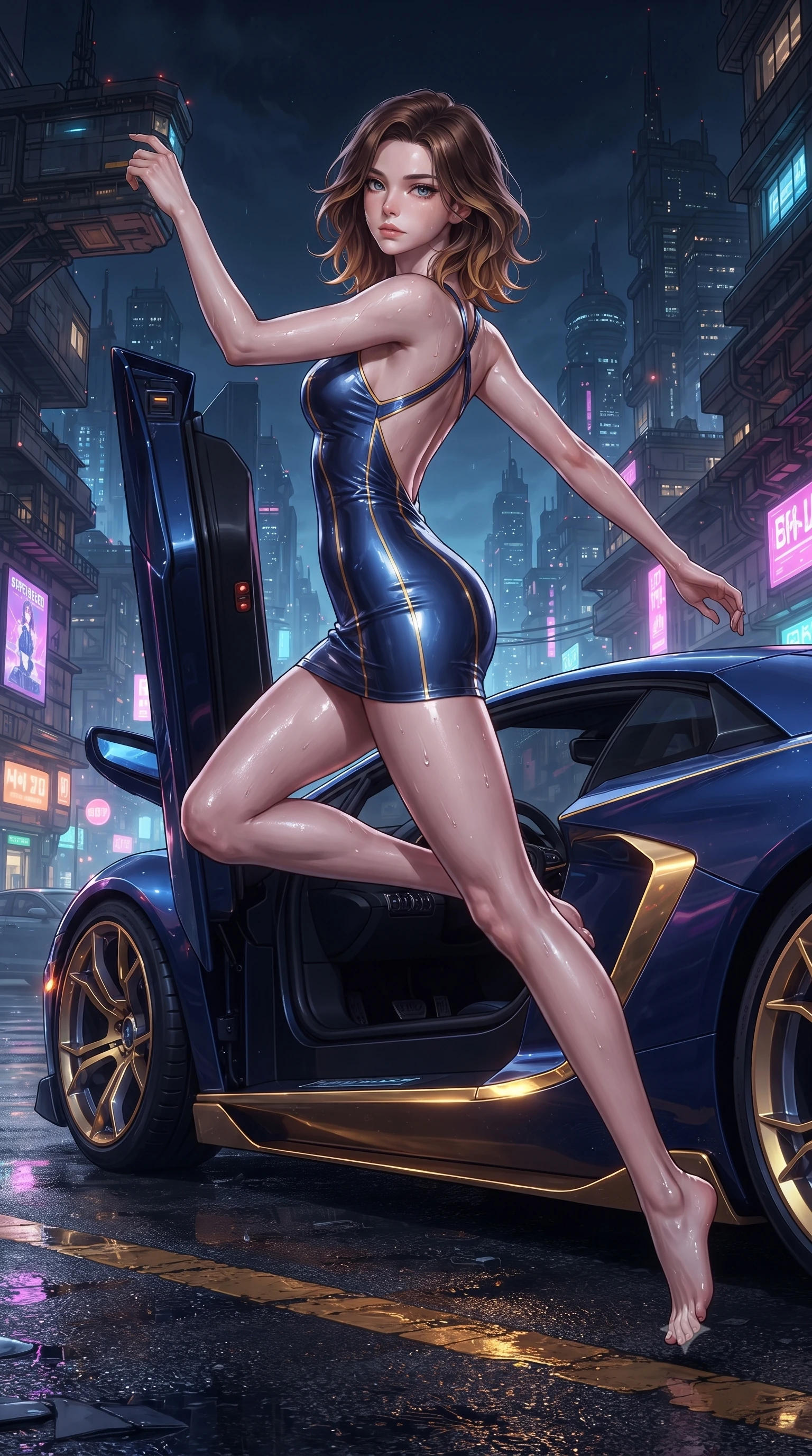 score_9, masterpiece, best quality, ultra-detailed, high-budget anime keyframe, editorial fashion photography, tasteful artistic composition, Korean woman. low angle full-body shot from head to toe showing her feet, filling the entire 9:16 vertical frame with her statuesque presence, stretching her vertical silhouette. leaping through mid-air with an athletic yet alluring arch of her spine, her impossibly long slender legs stretched in flawless poise while pivoting dynamically near the scissor doors of a sleek hyper-car overlooking a glowing cyberpunk metropolis. The surrounding environment is rendered in vivid detail and crisp panoramic clarity. intricate cyber-city skyline architecture, wet asphalt grain, and illuminated street textures in high clarity. She has an absolutely perfect, statuesque 8.5-heads proportion, an exceptionally tall and slender model-like female figure with impossibly long slender legs and an ultra-slim waist. sharp v-shaped jawline, high-bridge nose, intricate jewel-like eyes with depth, thick eyelashes, glossy lips with a natural sheen, flawlessly proportioned anatomical accuracy, natural body alignment, perfectly sculpted elegant limbs, clean dynamic posture without body distortion. wearing a second-skin fashion-latex mini dress with a clean architectural front, featuring an open-back design that wraps around the sides of her waist, showcasing her slender silhouette in midnight sapphire blue and glowing gold filaments, made of liquid metal jersey that clings flawlessly to every contour of her build, complemented by criss-cross back straps highlighting her completely bare spine, the glove-like fit tightly following every curve of her statuesque athletic build. illuminated by glistening wet specular highlights and deep indigo urban shadows. ultra-reflective glossy finish, specular highlights, metallic sheen, high-contrast stereoscopic depth, volumetric dynamic lighting, 2k, ultra detail, master piece, 9:16 ratio