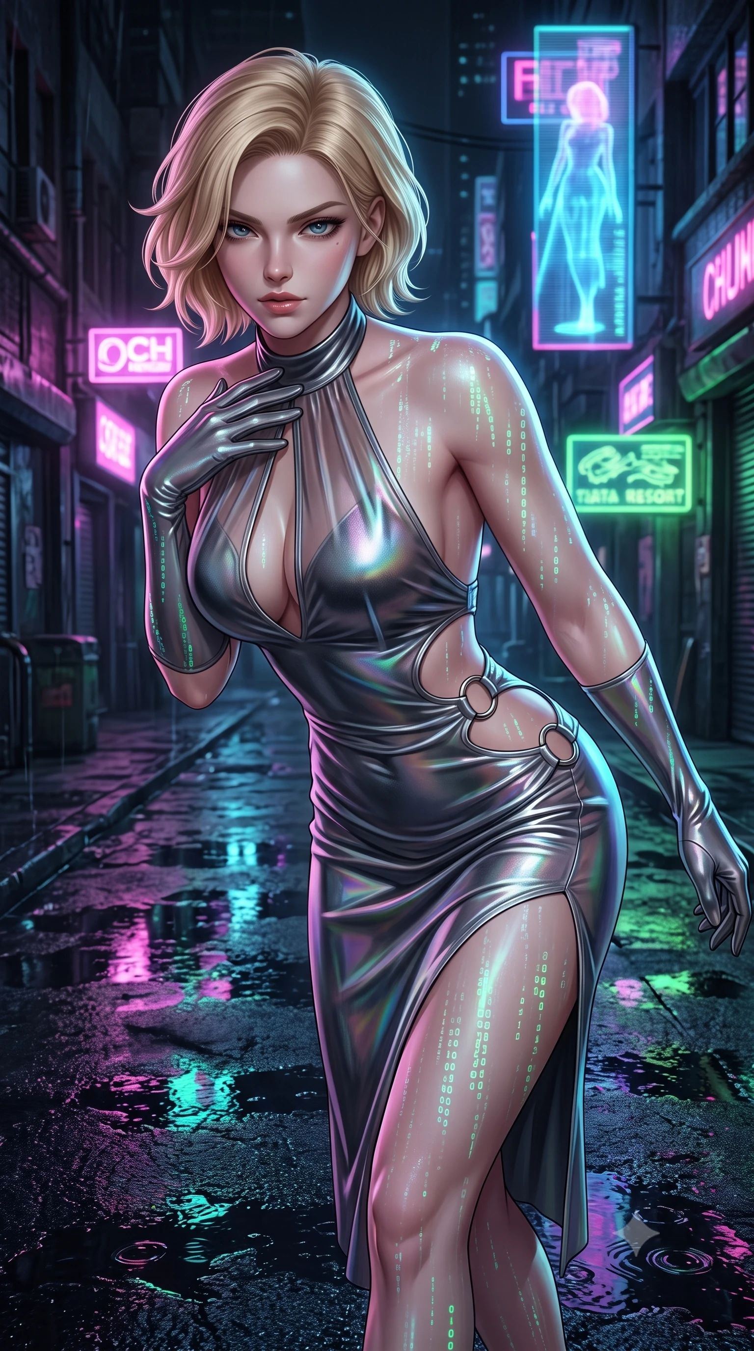score_9, masterpiece, best quality, ultra-detailed, high-budget anime keyframe, semi-realistic 3D game render, editorial fashion photography, tasteful artistic composition, Caucasian woman. close-up cowboy shot from the waist and thighs up, the character dominates the composition, filling the frame with her large presence. leaning forward with a dangerous, enticing smolder, resting one hand near her collarbone while casting a fiery, magnetic direct gaze while stepping gracefully through neon puddles as cascading digital data streams reflect off her wet skin. The surrounding environment is rendered in vivid detail and crisp panoramic clarity. vivid contrast between dark wet textures and vibrant neon illumination in panoramic precision. She has an exceptionally elegant, slender, and willowy female figure with an ultra-slim waist, a gracefully sculpted slender torso, and a refined silhouette. sharp v-shaped jawline, high-bridge nose, intricate jewel-like eyes with depth, thick eyelashes, glossy lips with a natural sheen, flawlessly proportioned anatomical accuracy, natural body alignment, perfectly sculpted elegant limbs, clean dynamic posture without body distortion. wearing a velvet halter-neck midi dress fitting her statuesque contour flawlessly with a Tasteful chest slit and open spine in translucent smoky quartz and iridescent holographic sheen, made of liquid metal jersey that clings flawlessly to every contour of her build, detailed with polished silver rings connecting the daring side-waist cutouts, the glove-like fit tightly following every curve of her statuesque athletic build. surrounded by a gritty, glamorous, and intensely cinematic cyberpunk noir atmosphere. highly saturated vibrant anime colors, detailed shading with soft gradients, rich glossy textures, high-contrast stereoscopic depth, volumetric dynamic lighting, master piece, 9:16 ratio